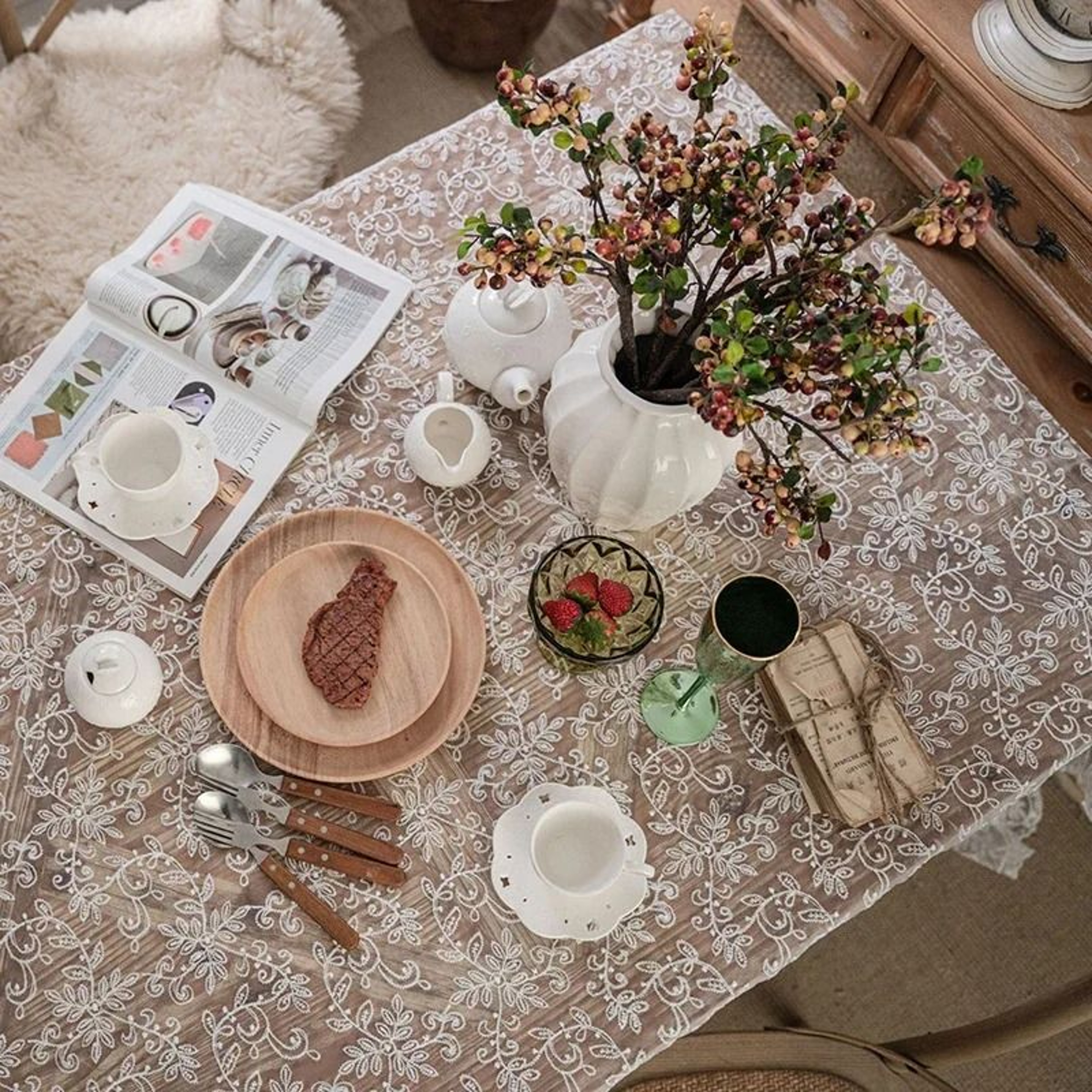 White Vintage Leaf Embroidery Lace Tablecloth With Eyelash Hem Farmhouse Cover For Wedding  Baby Sh 3