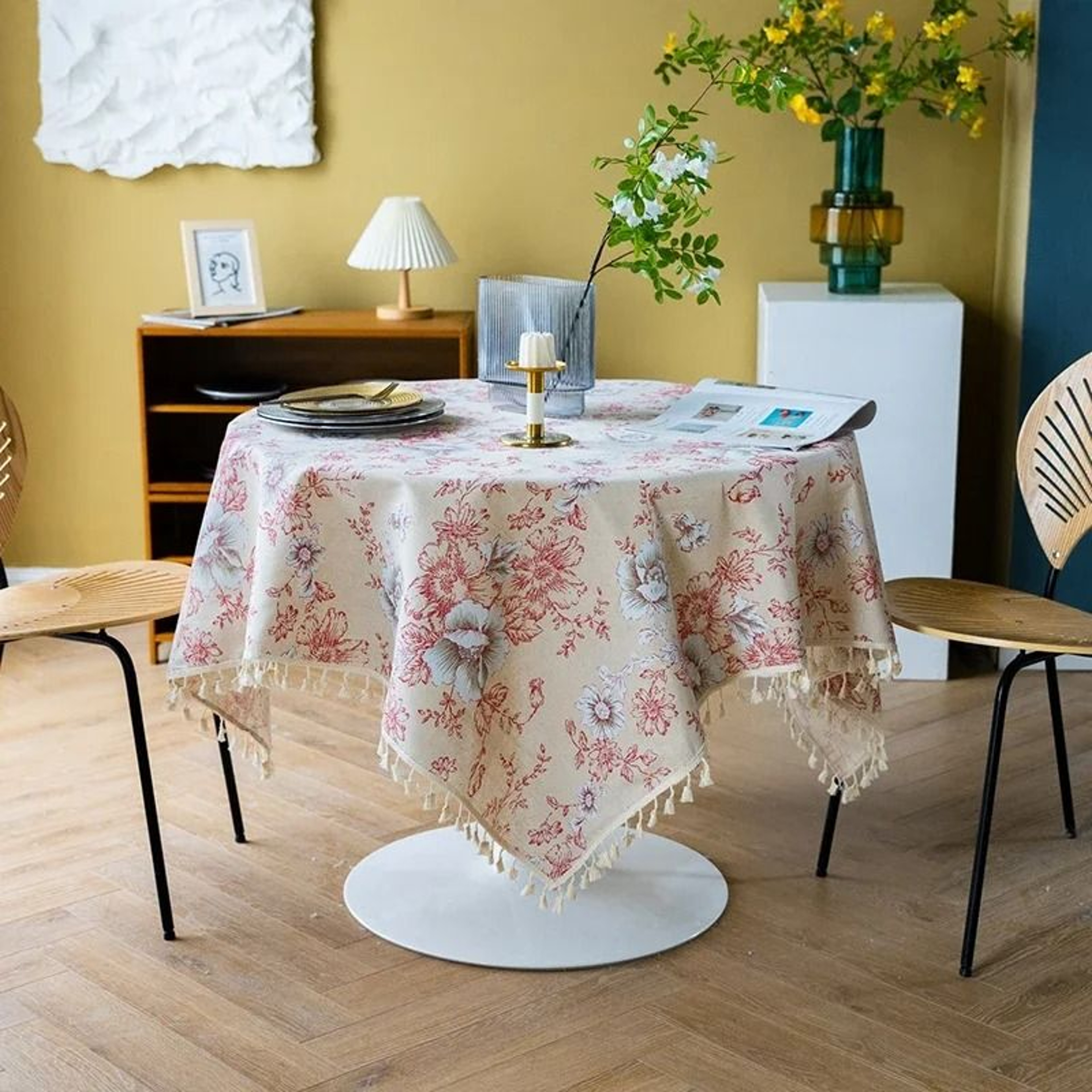 Blue Bohemian Floral Tassel Tablecloth DustProof Rectangle Fabric Cover For Kitchen  Holiday Party 14