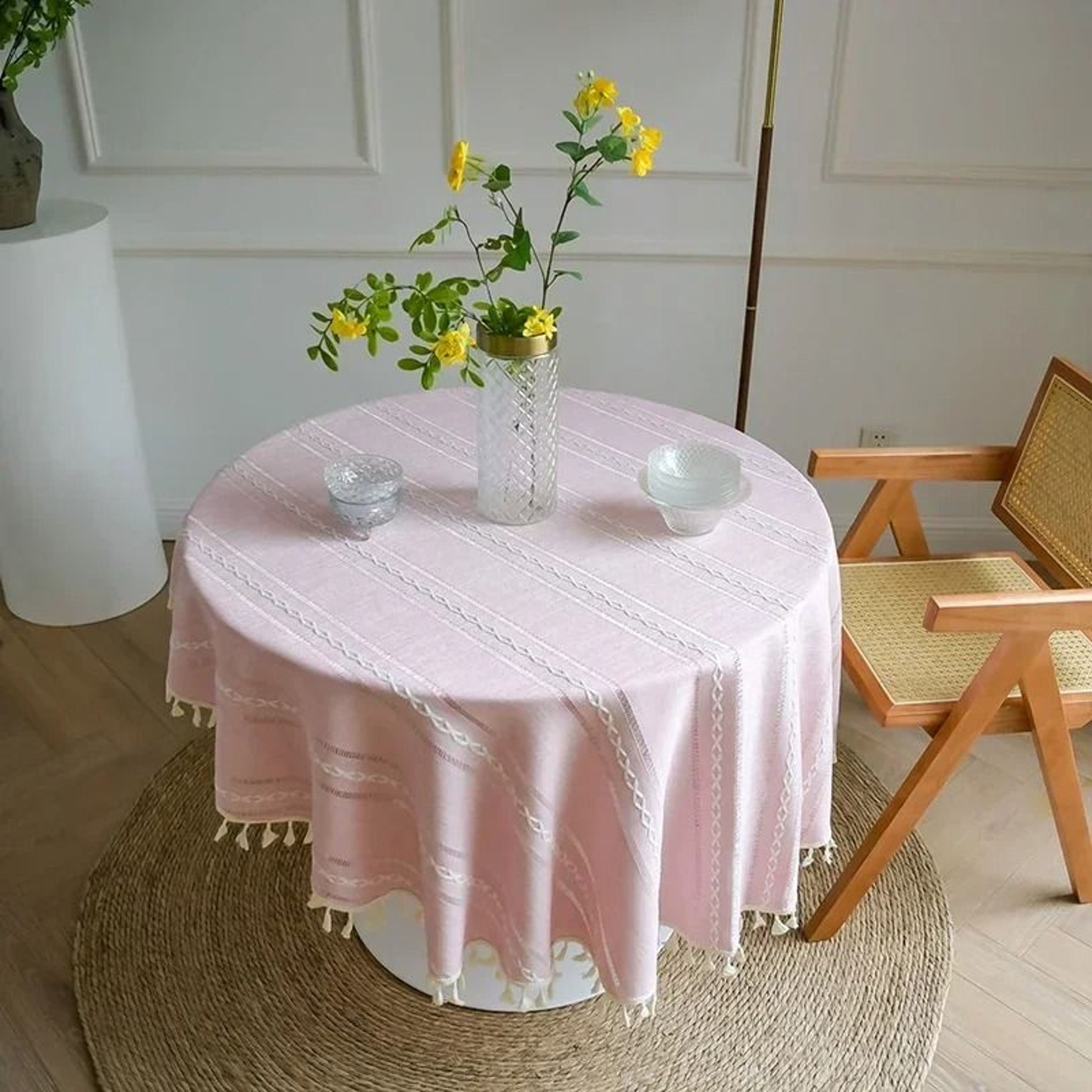 Solid Embroidered Round Tablecloth With Fringe Tassels DustProof Fabric Table Cover For Kitchen  Di 9