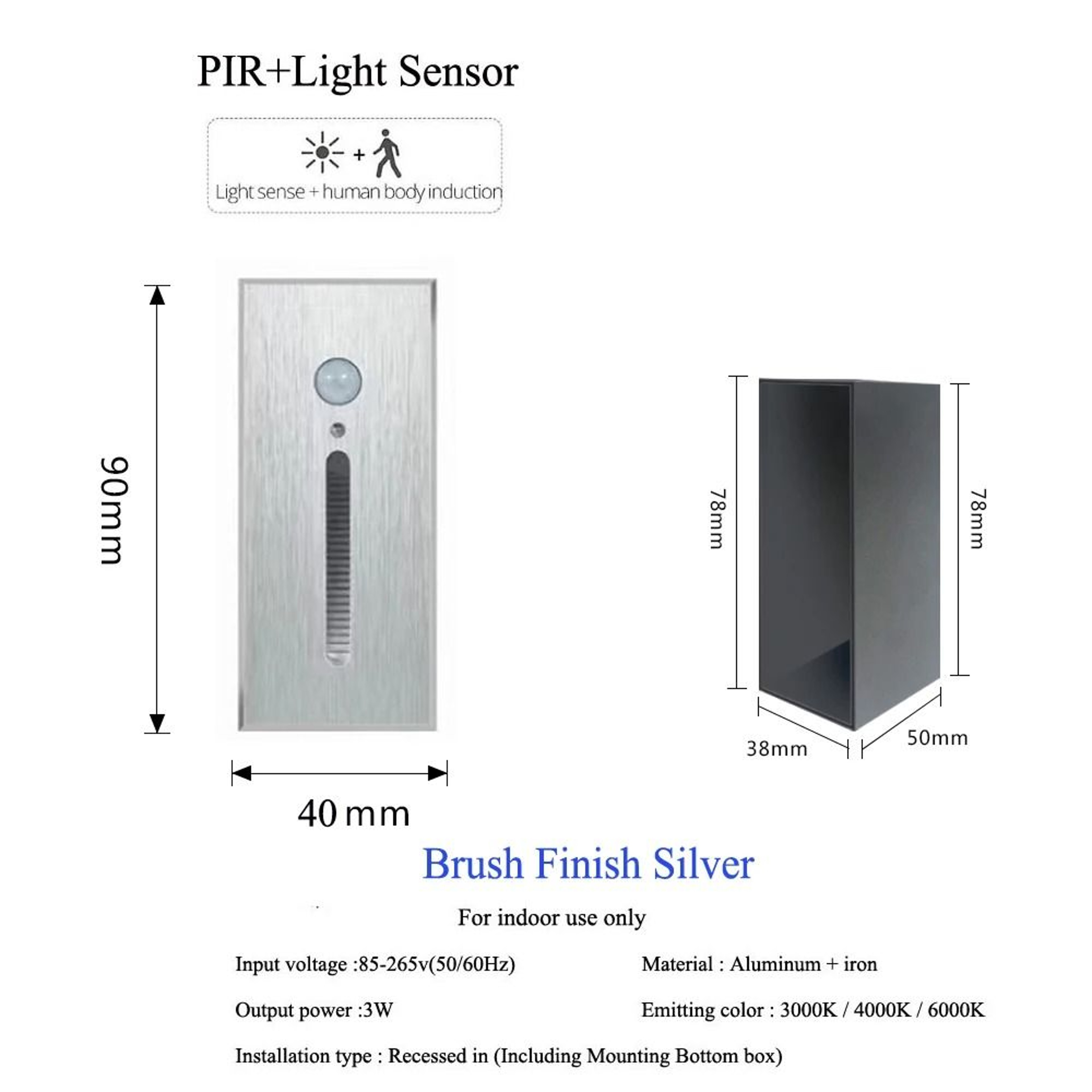 3W Aluminum Embedded PIR Motion Sensor Step Light Recessed Stairwell Nightlight Footlight Sconce Wi 16