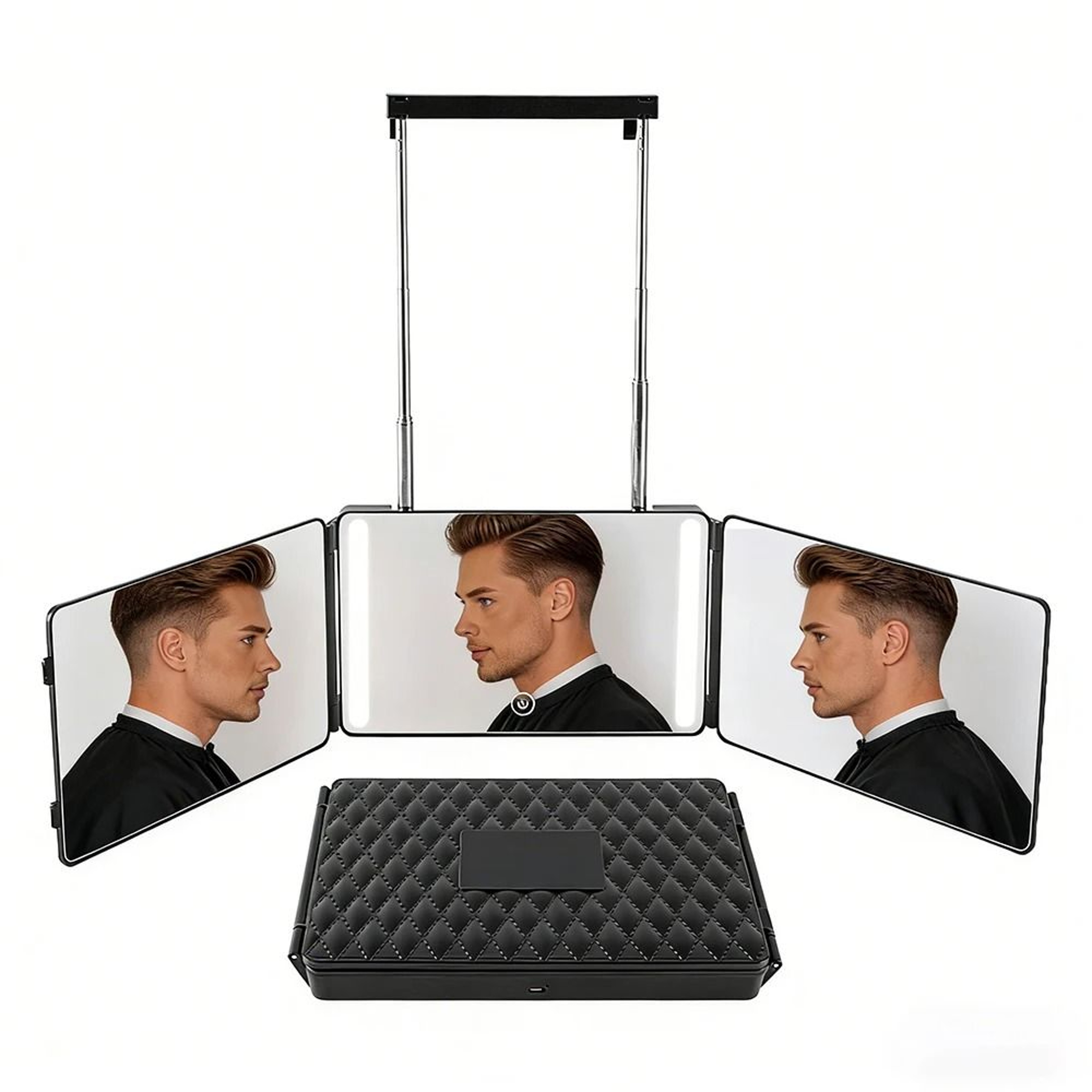 3Way 360 LED Haircut Mirror With DoorHanging Hooks  Portable Folding Design 0