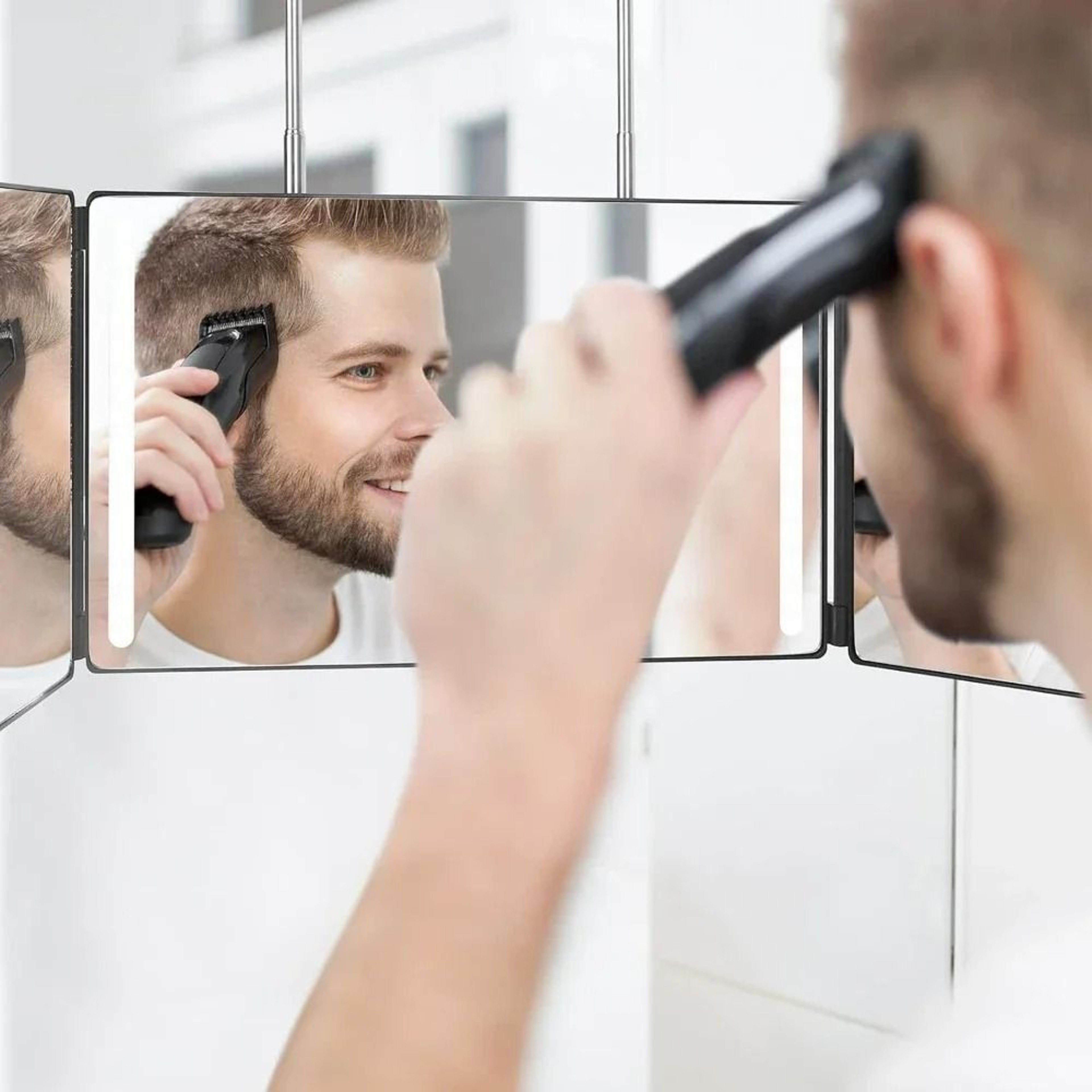 3Way LED Rechargeable Haircut Mirror With 360 View  HeightAdjustable Hooks 0