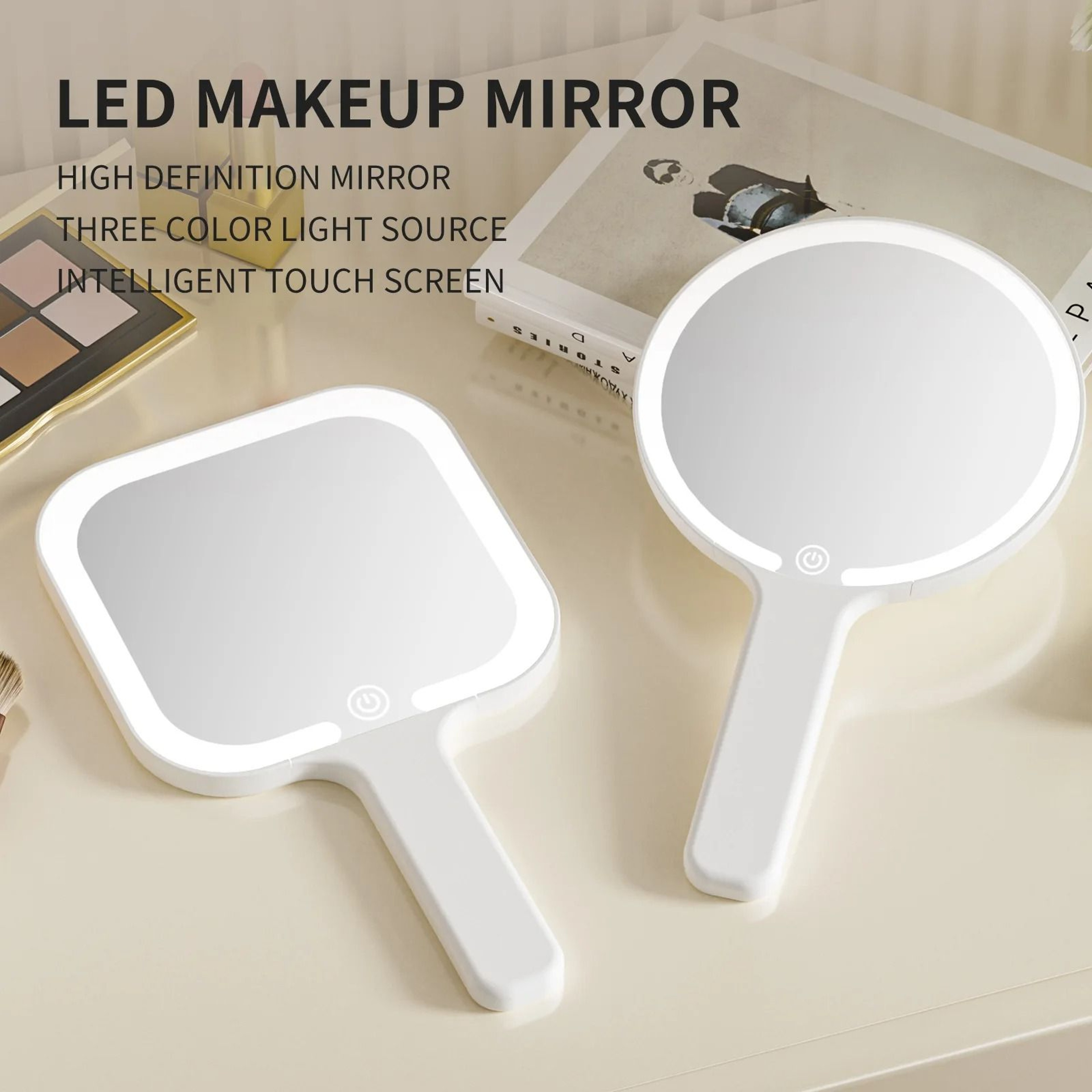 Compact LED Handheld Makeup Mirror With 3 Color Dimmable Lights 0