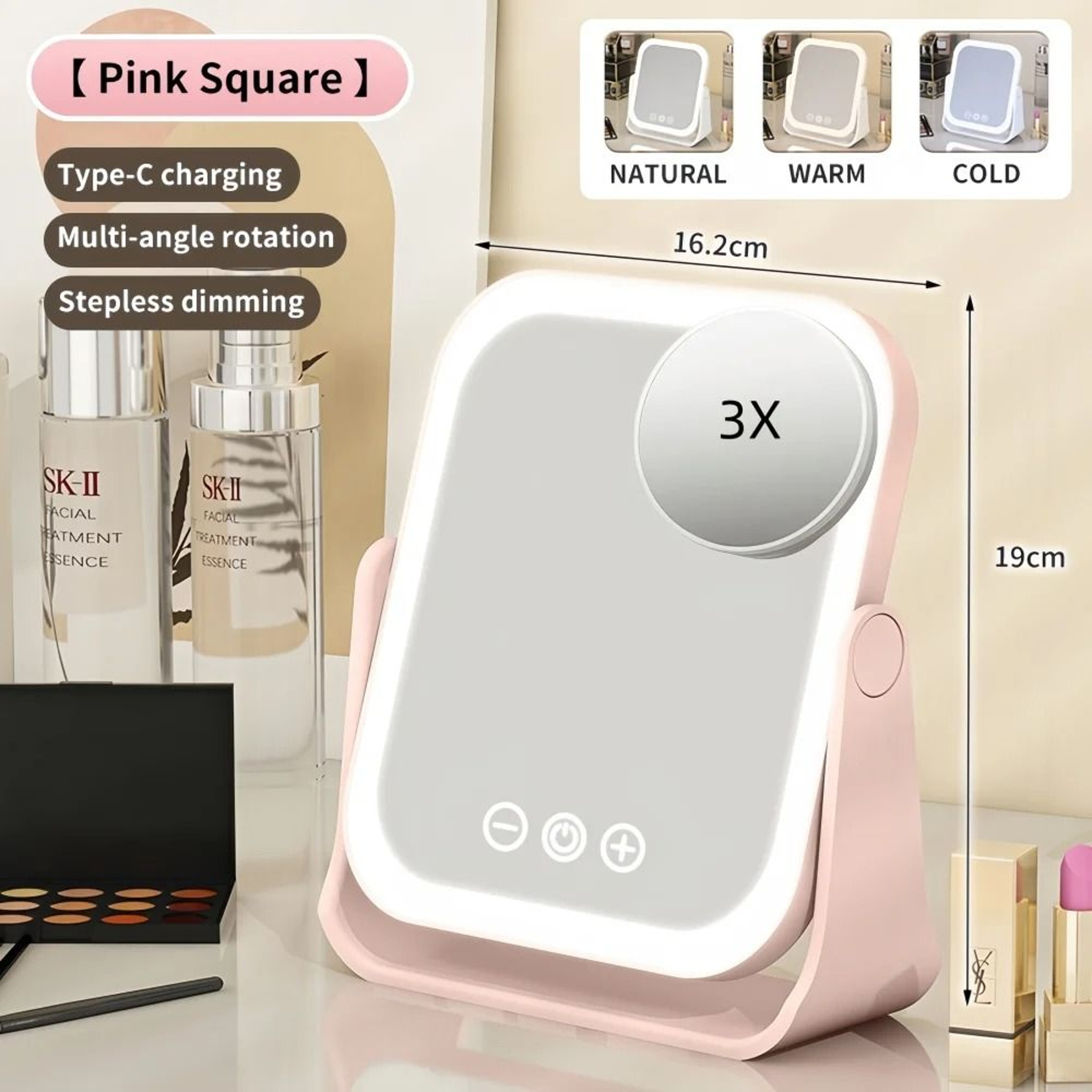 Portable LED Lighted Vanity Makeup Mirror With Touch Dimming  3X Magnifier 7