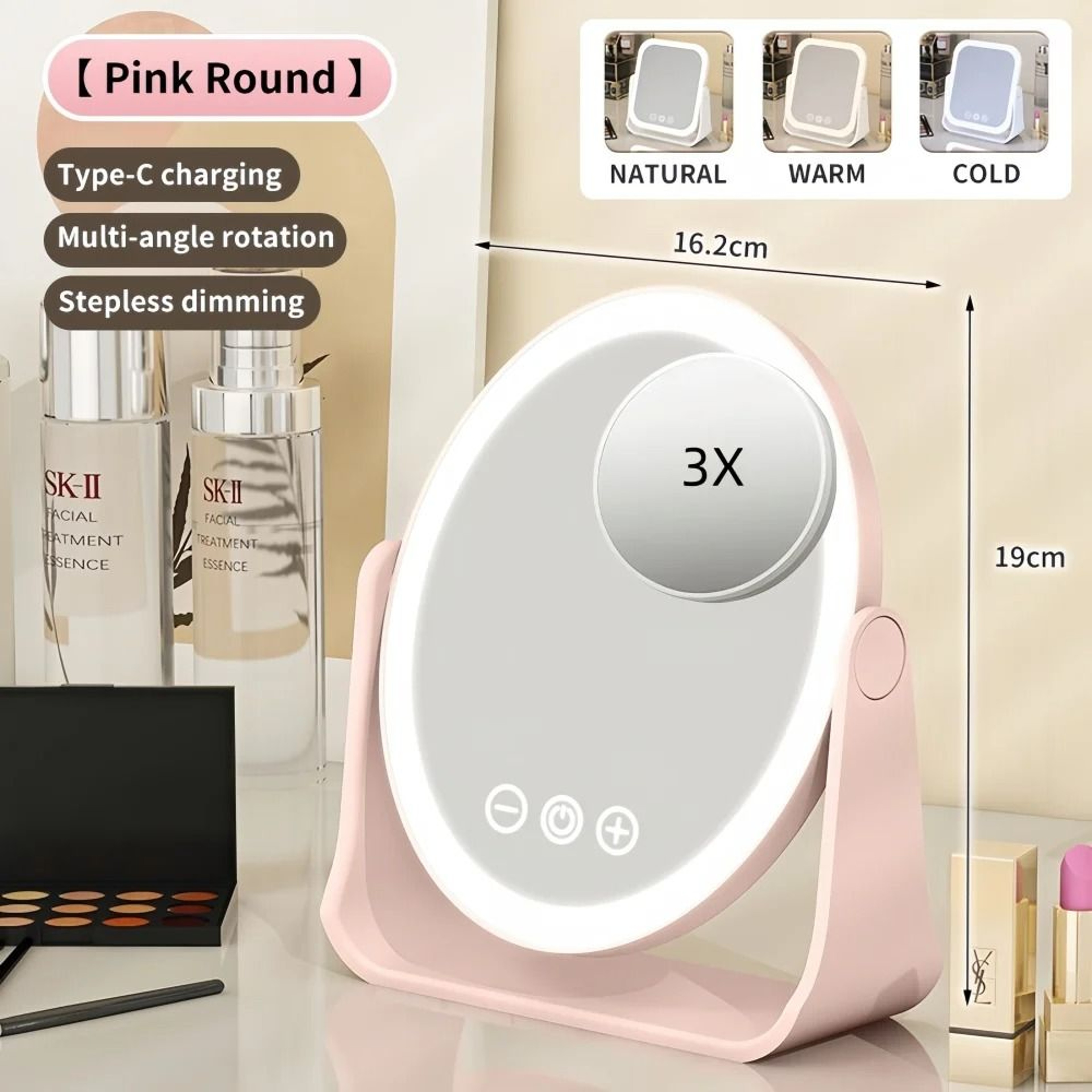 Portable LED Lighted Vanity Makeup Mirror With Touch Dimming  3X Magnifier 8
