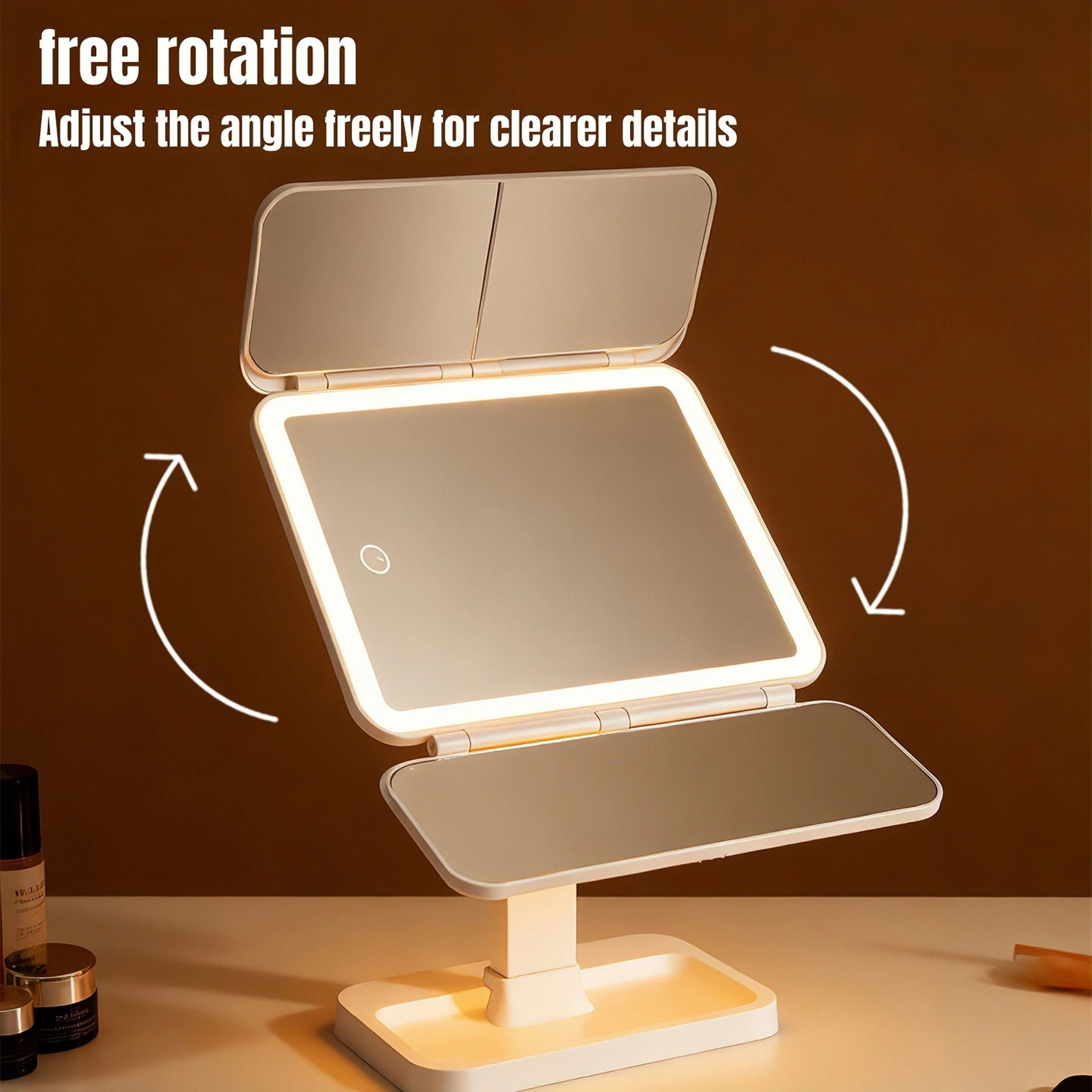 Triple Fold LED Fashion Makeup Mirror With Touch Dimming  MultiPanel Visibility 3