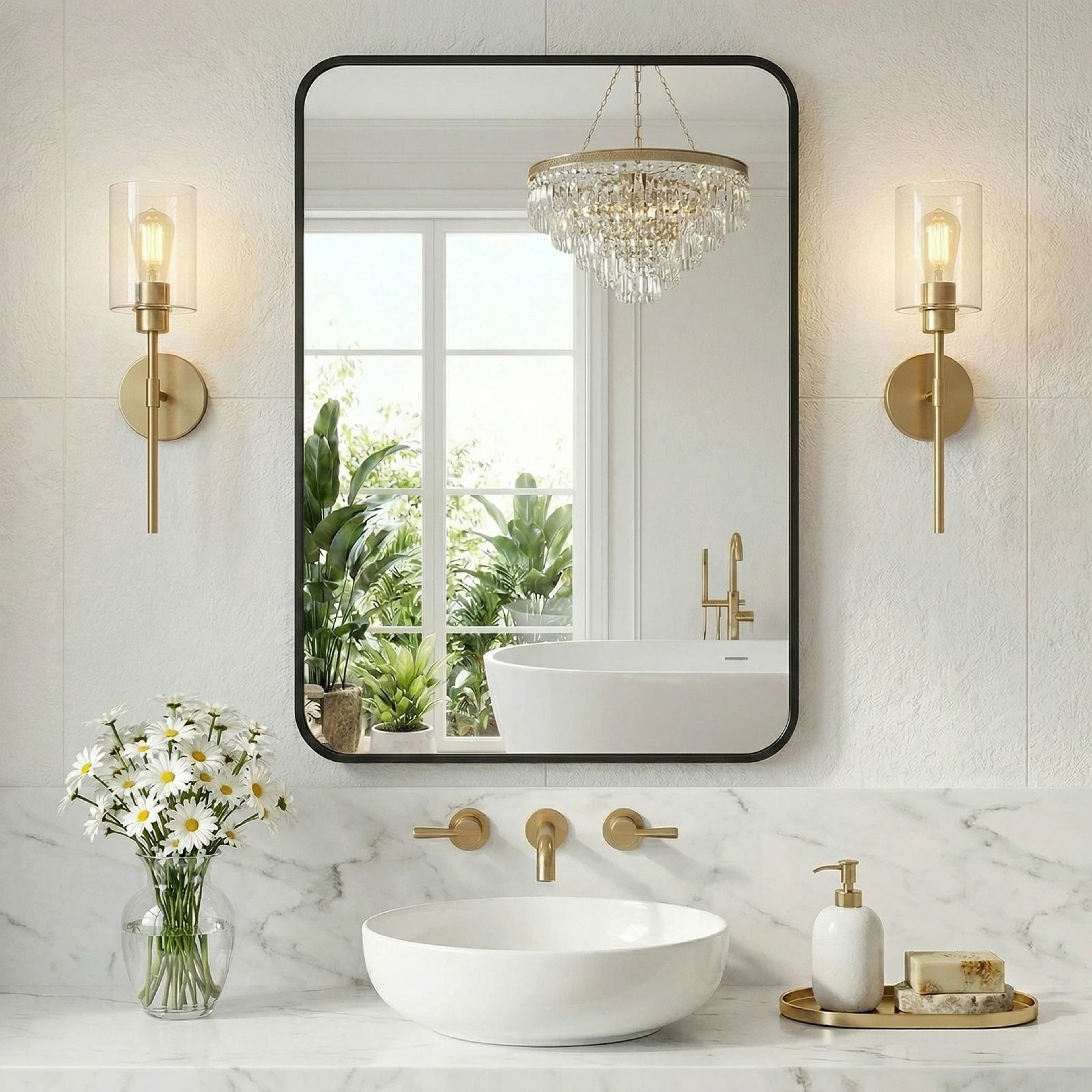 JHK Rounded Rectangle Metal Framed Wall Mirror With Tempered Glass 2