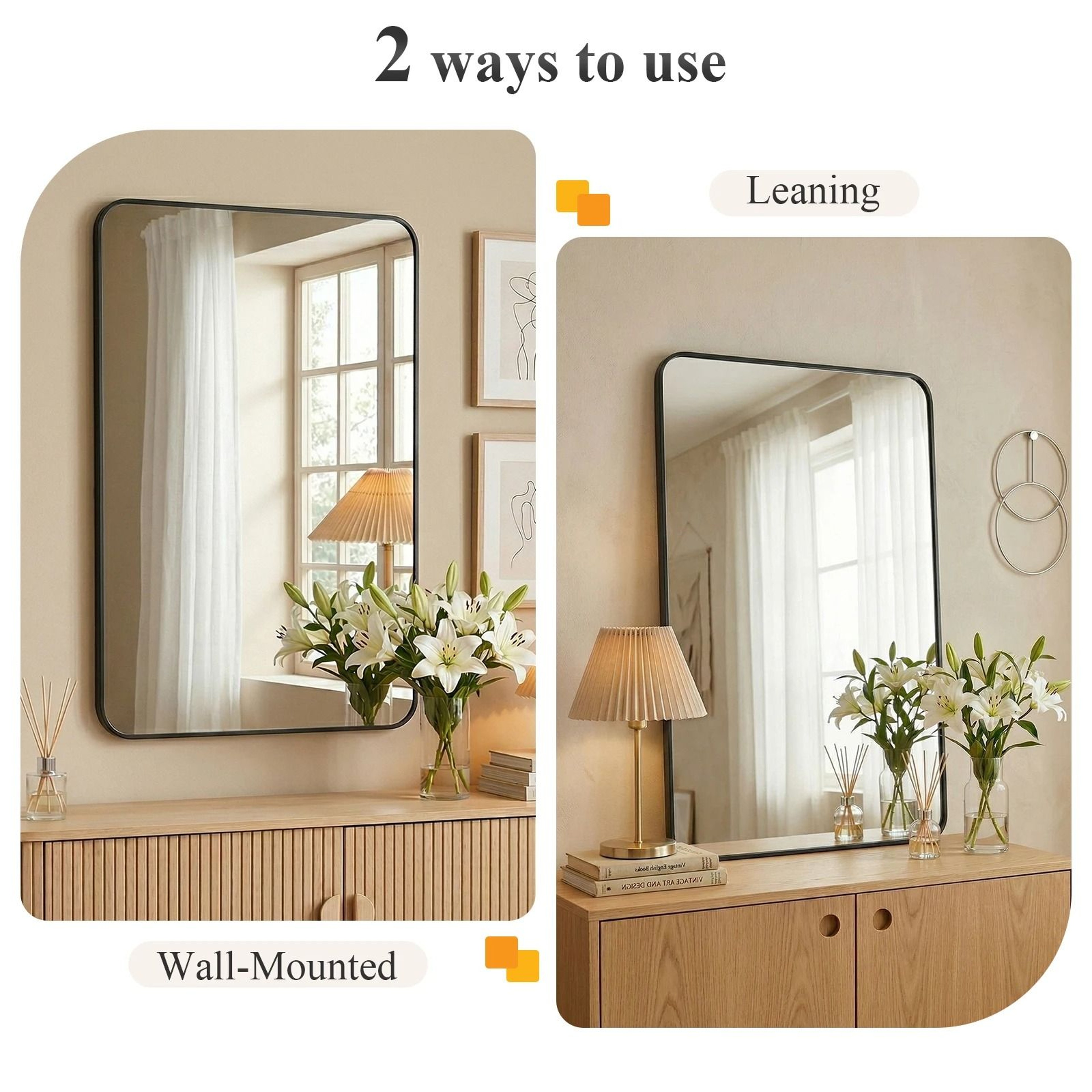 JHK Rounded Rectangle Metal Framed Wall Mirror With Tempered Glass 3