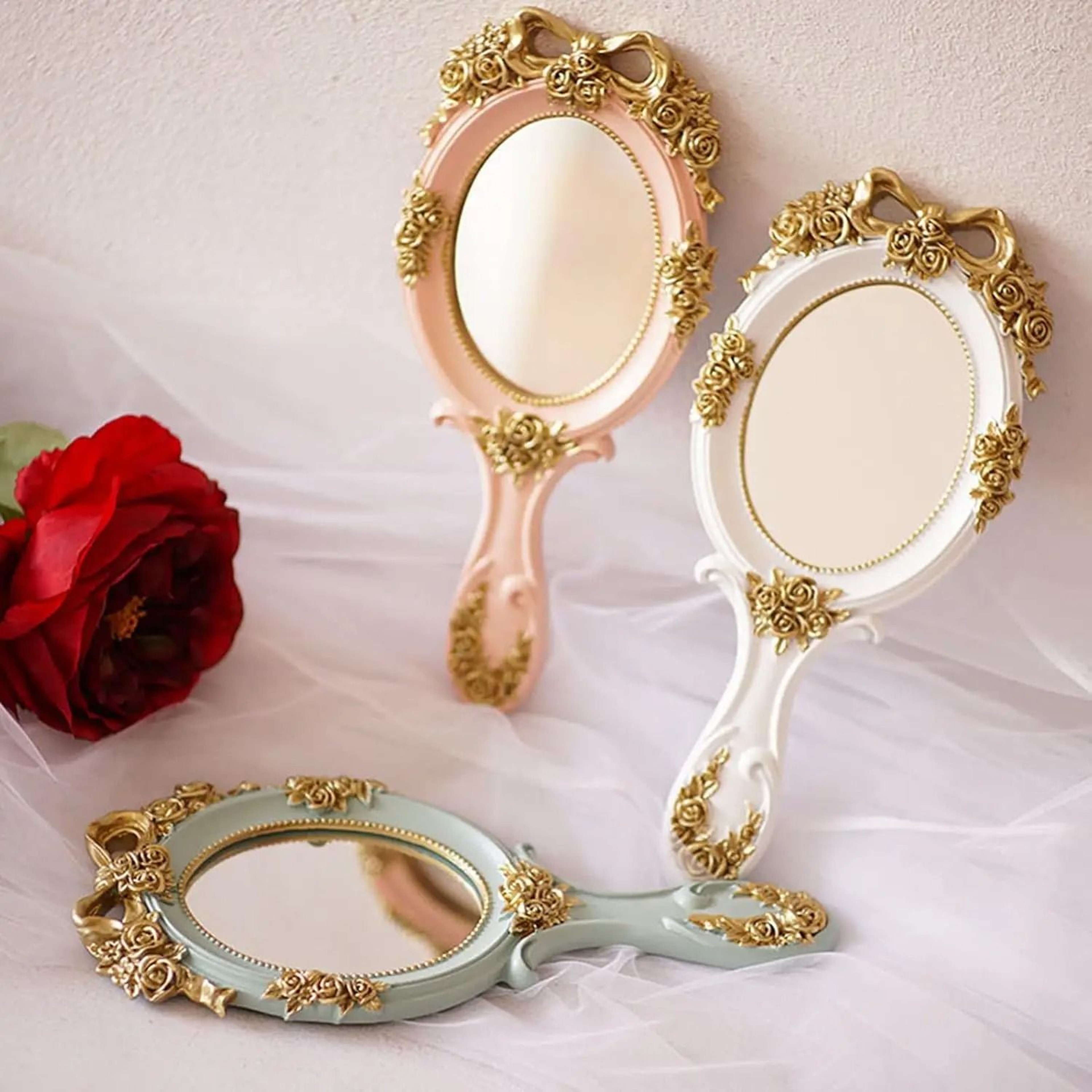 Portable Handheld Metal Beauty Mirror With Vintage Rose Embossing  Desktop Stand 0