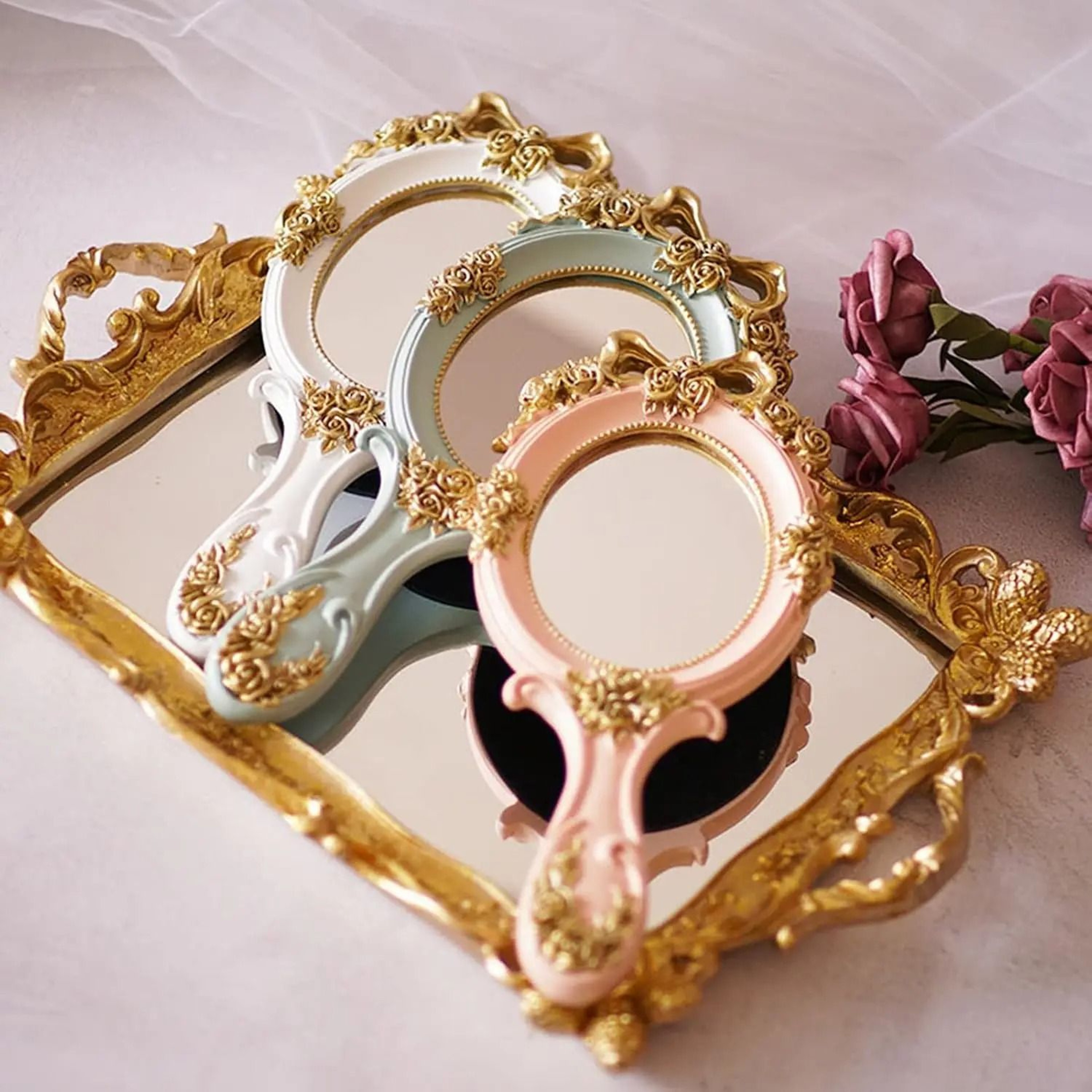 Portable Handheld Metal Beauty Mirror With Vintage Rose Embossing  Desktop Stand 2