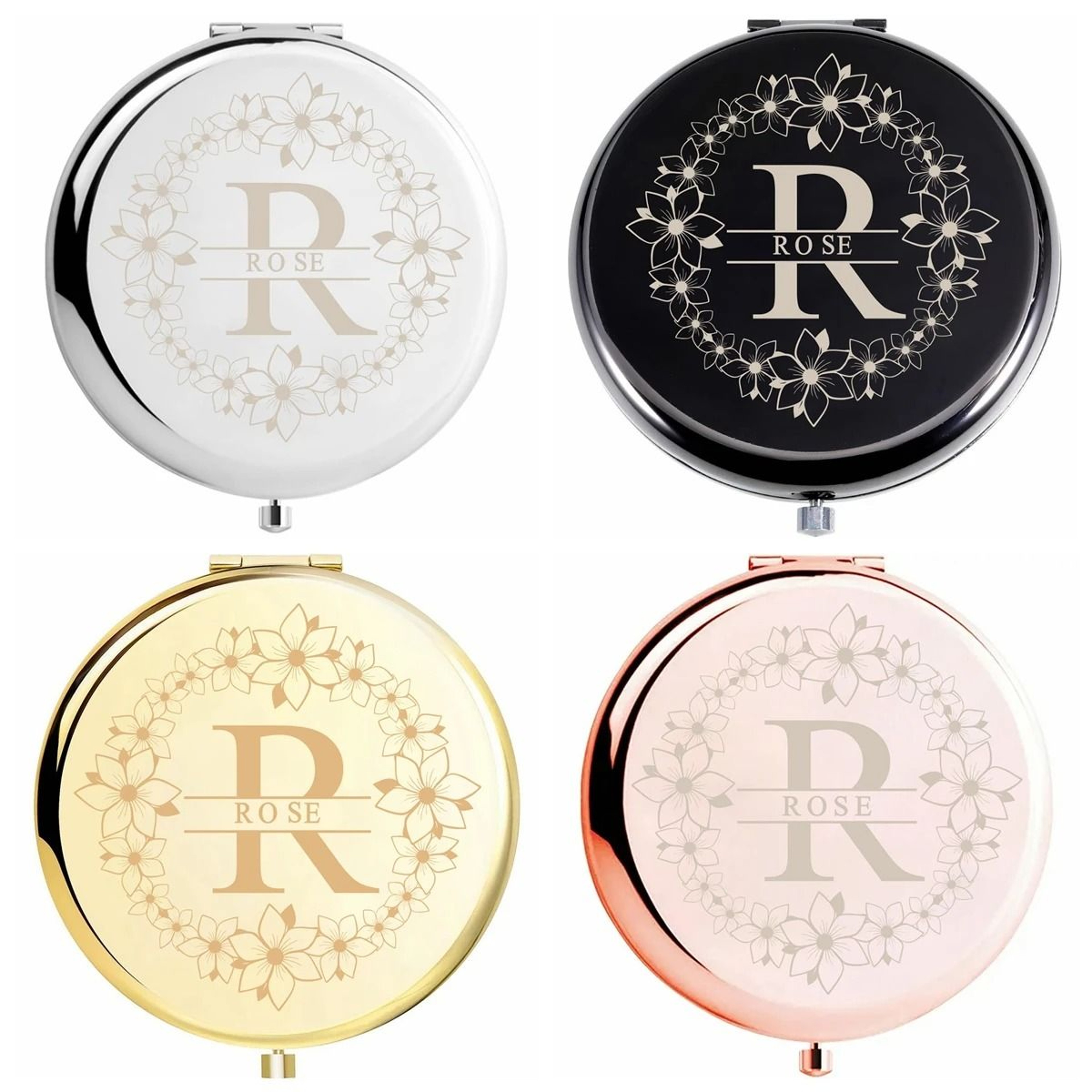 Personalized Floral Wreath Initial Portable Compact Mirror With Custom Name Engraving 0