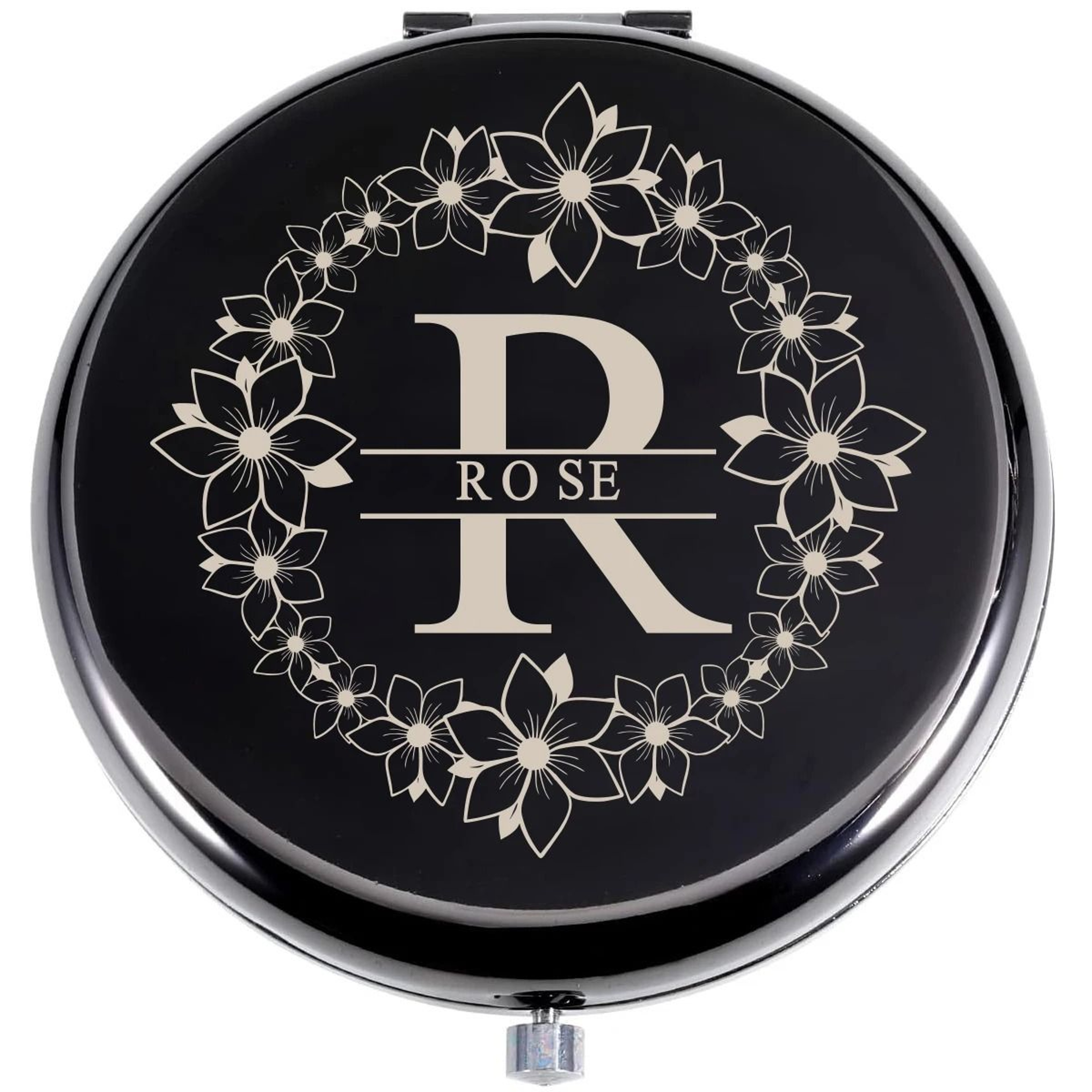 Personalized Floral Wreath Initial Portable Compact Mirror With Custom Name Engraving 7