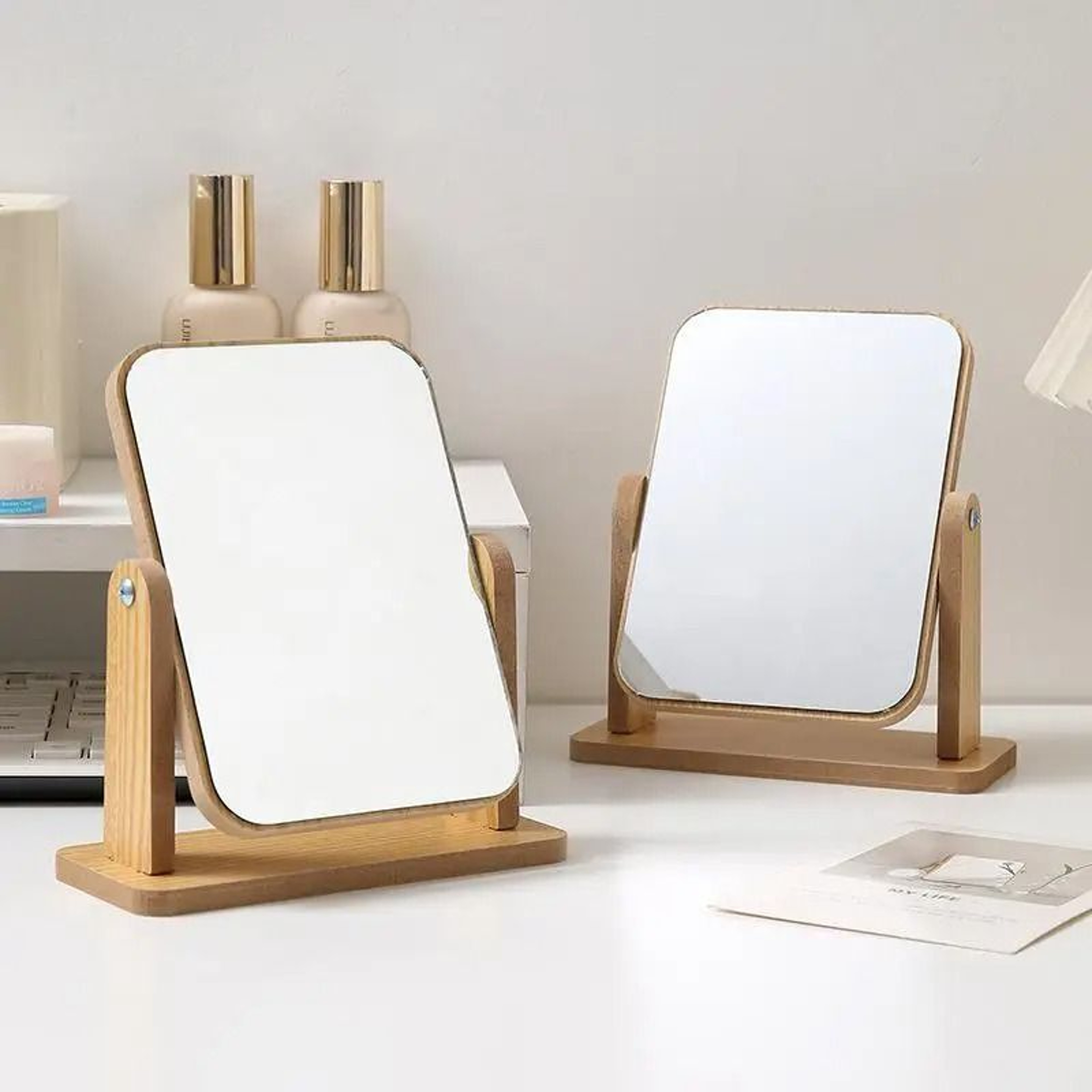 1Pc Clear Wooden Desktop Vanity Mirror With Angle Adjustable Stand 0