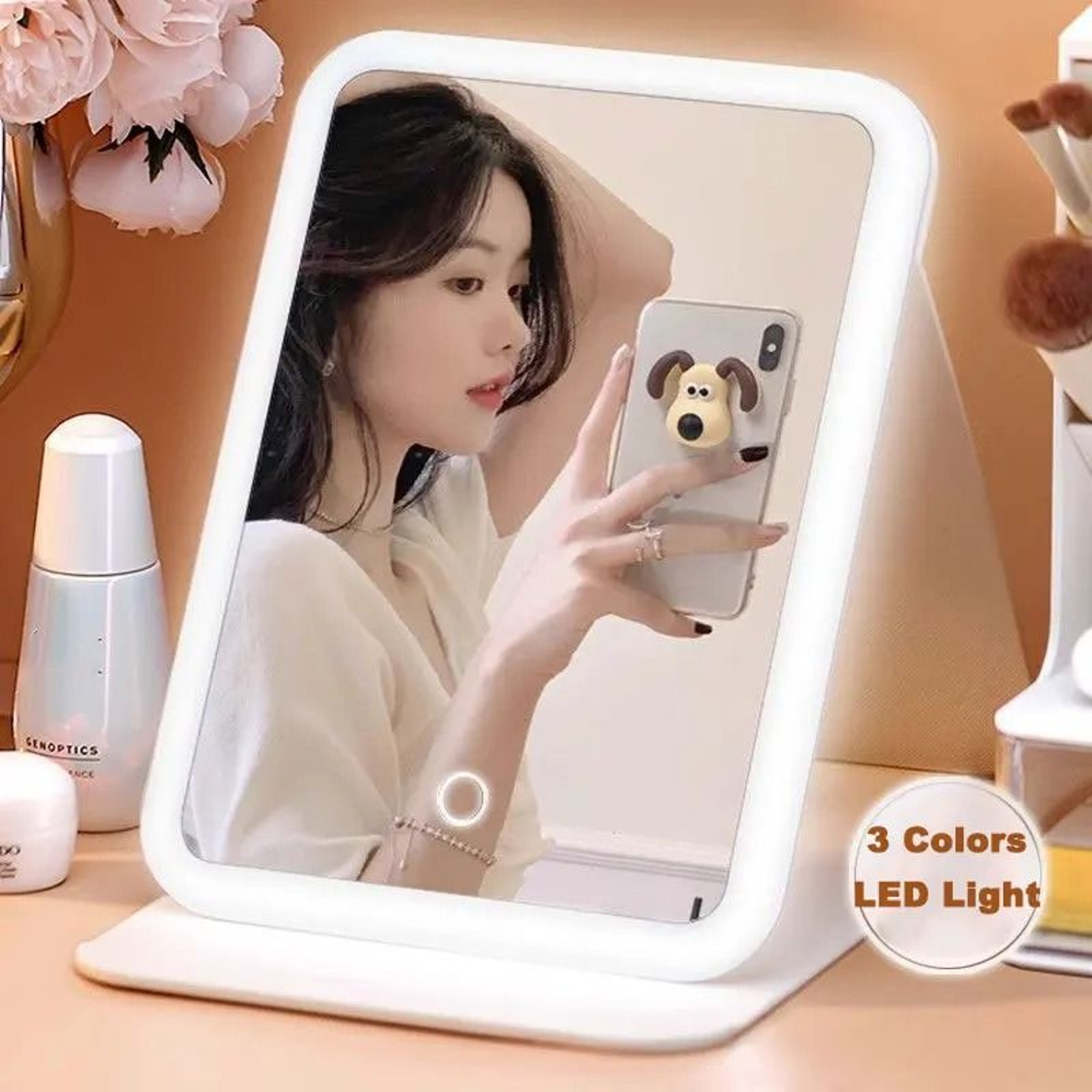 3Color LED Vanity Mirror With Leather Case  USB Rechargeable Touch Control 1