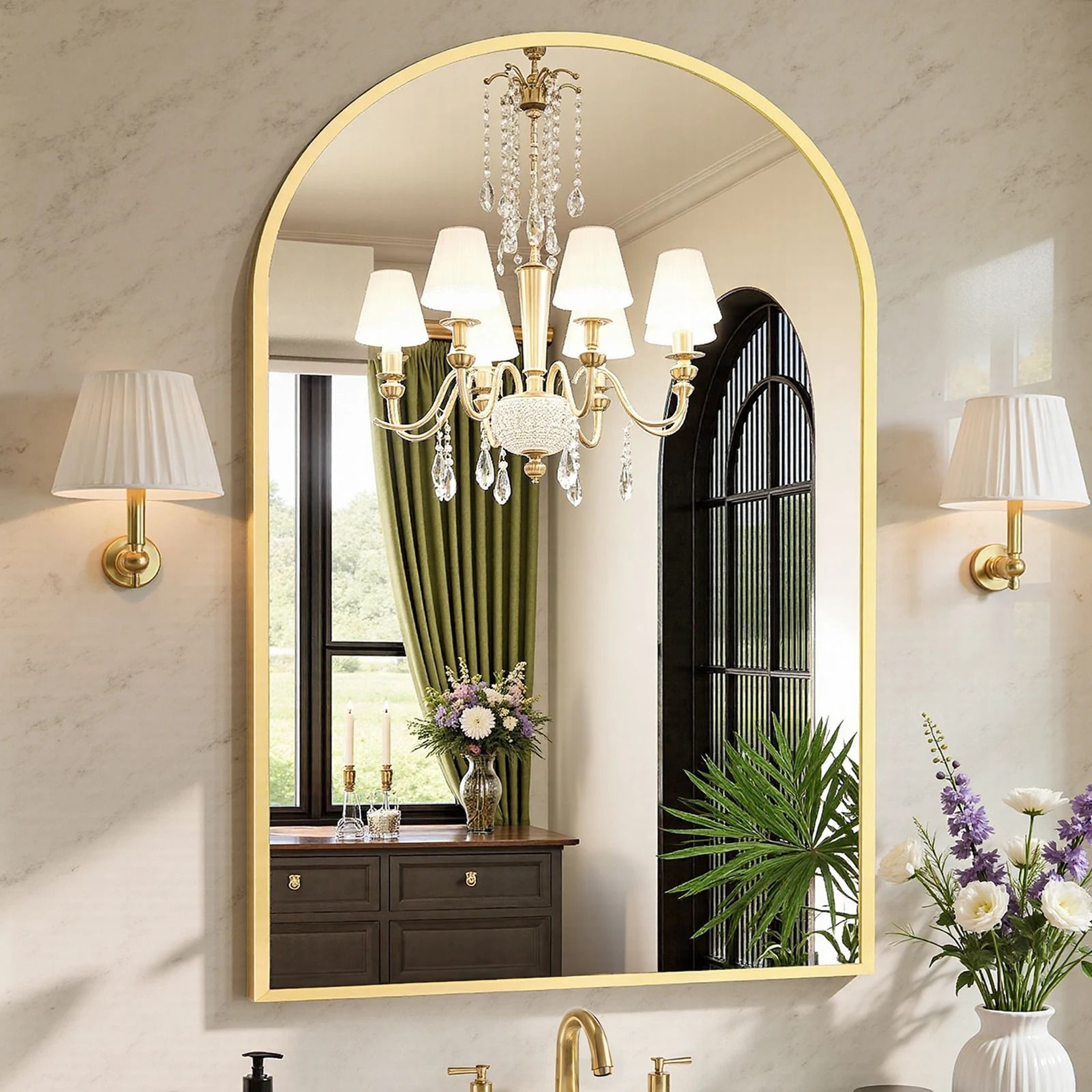JHK Arched Gold Large Size Bathroom Vanity  Entryway Decorative Wall Mirror 0