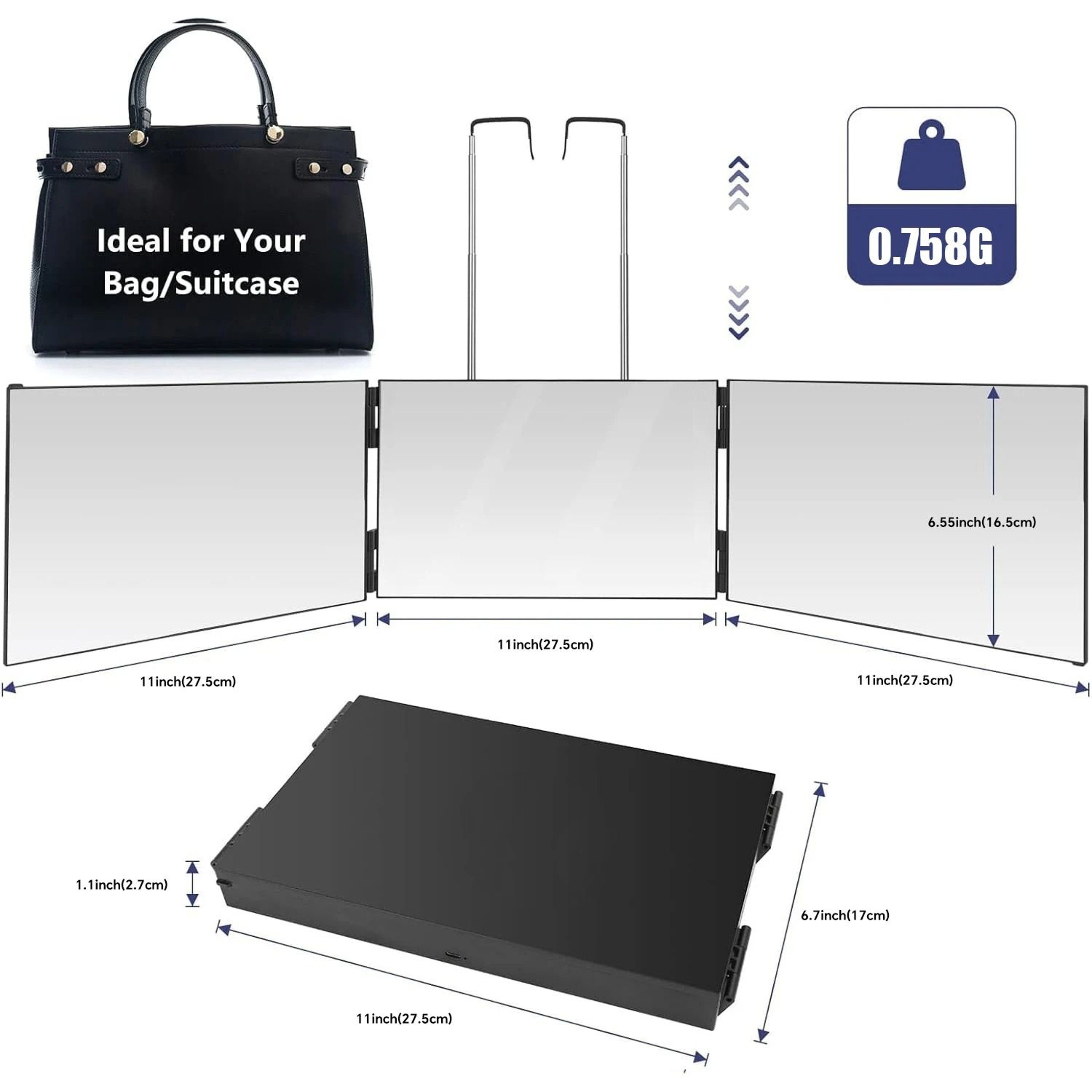 Travel 360 Trifold Vanity Mirror With Telescoping Hooks 3
