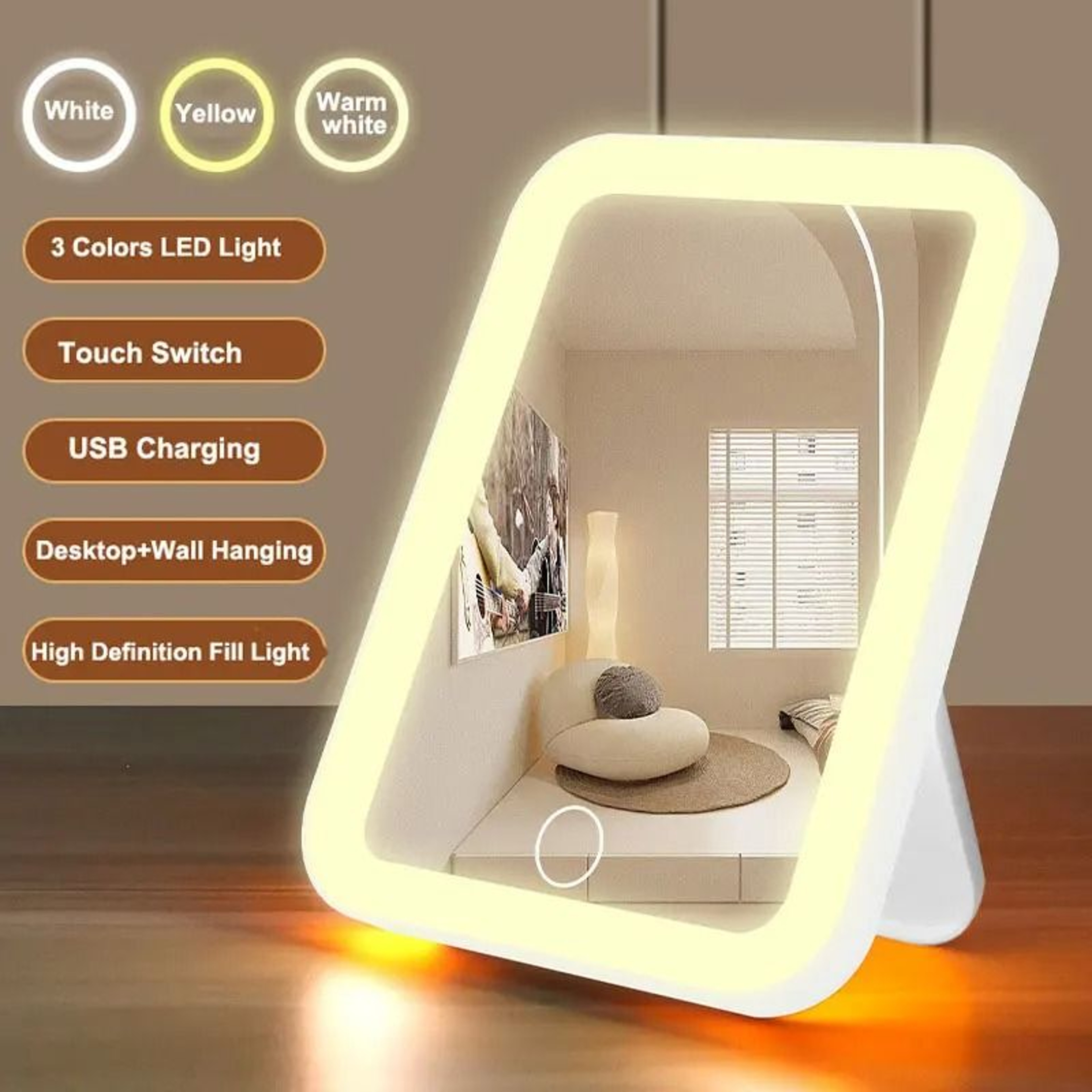 3Color LED Vanity Mirror With Touch Screen Dimming  USB Rechargeable Battery 1