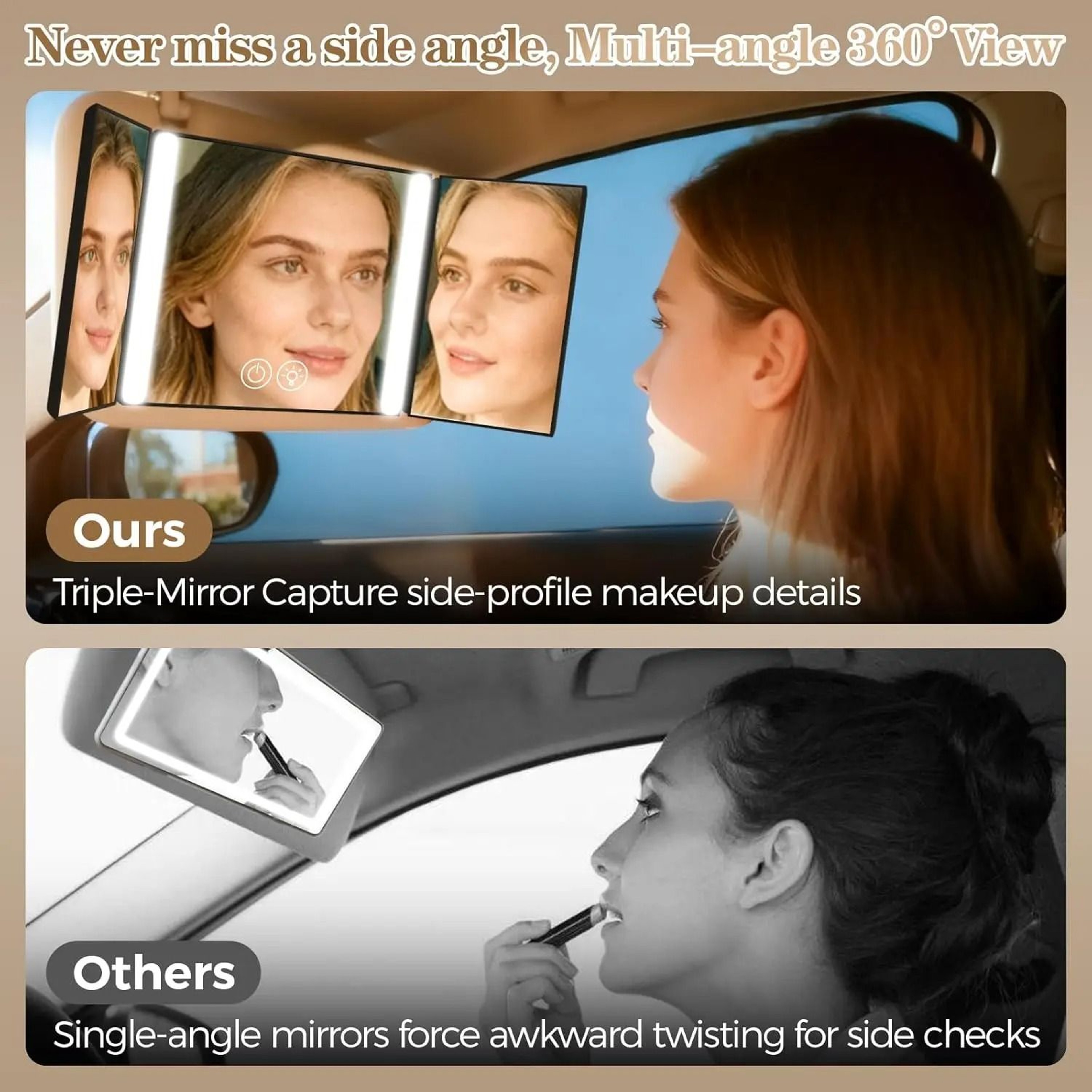 Car Makeup Mirror With 3Way LED Lights  Universal Sun Visor Mount 4
