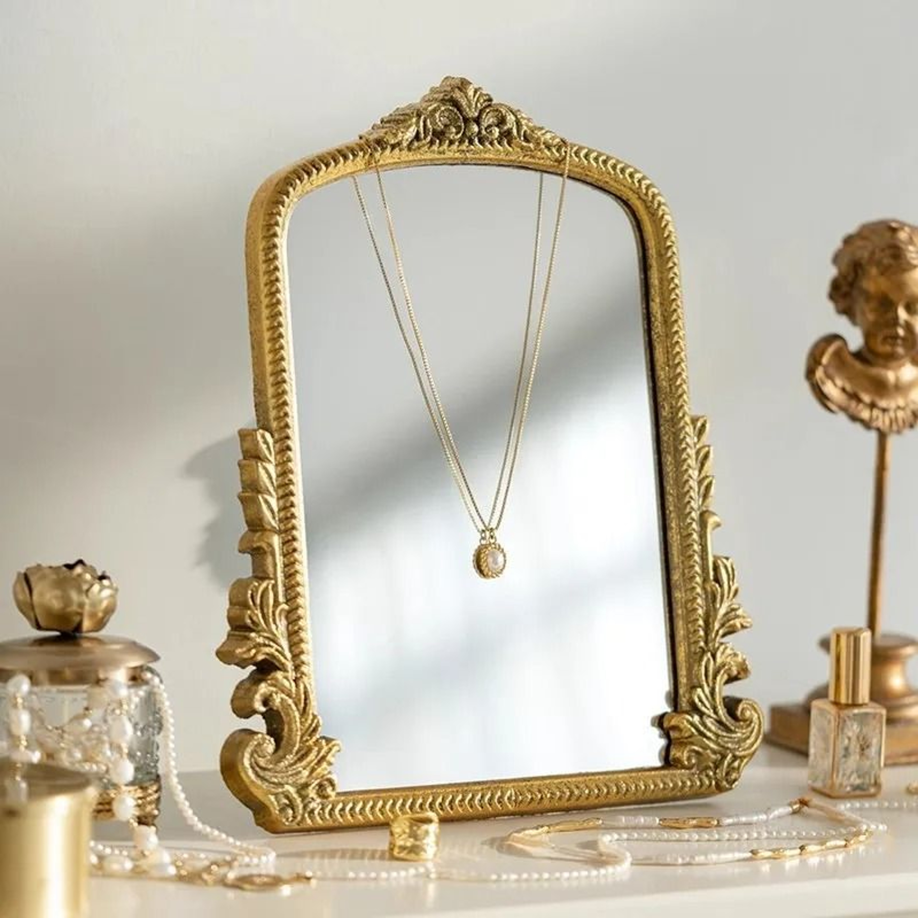 Vintage Gold Arch Table Standing Vanity Mirror For Antique Desk Decor 2
