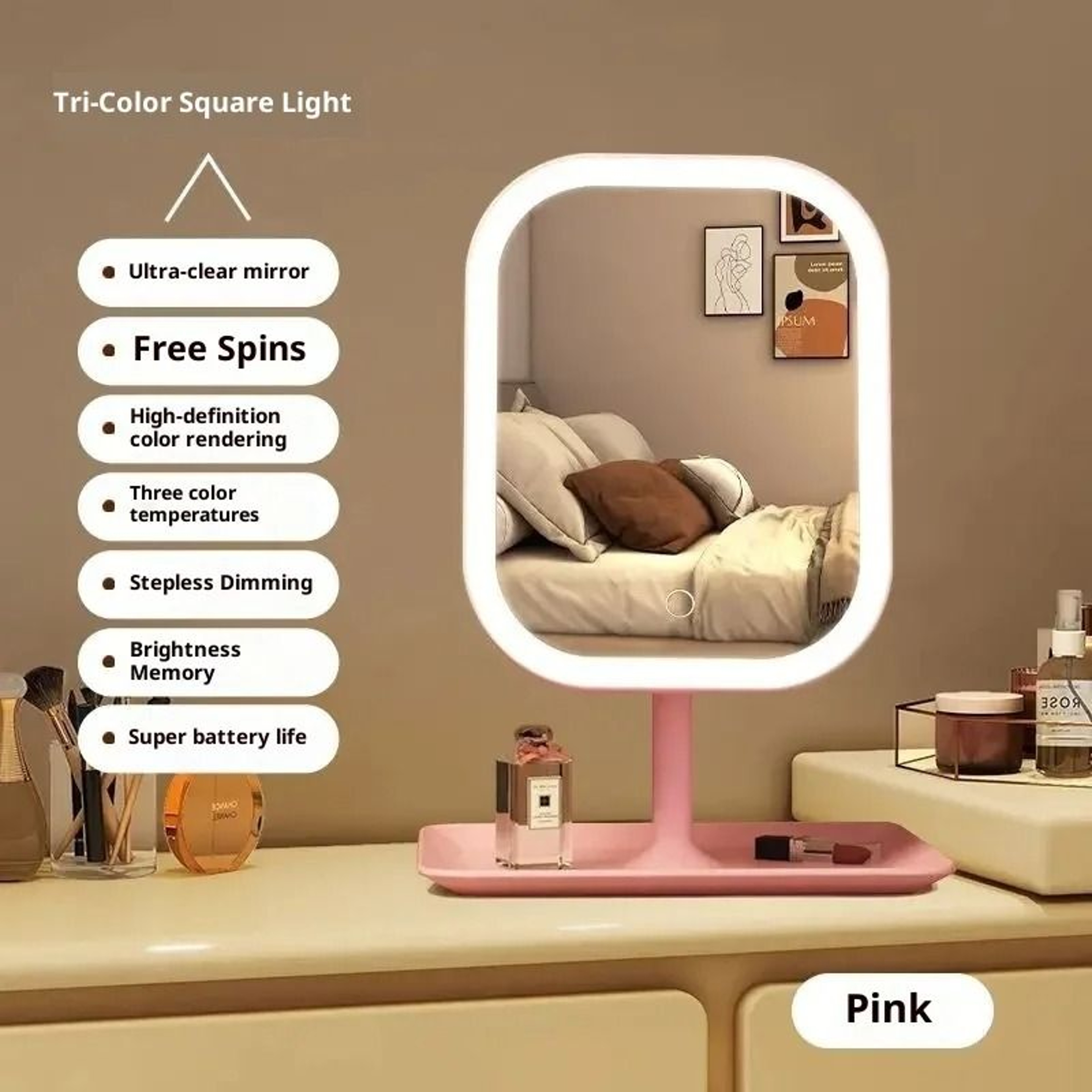 Small LED Touch Screen Vanity Mirror With 3 Adjustable Color Lights 6