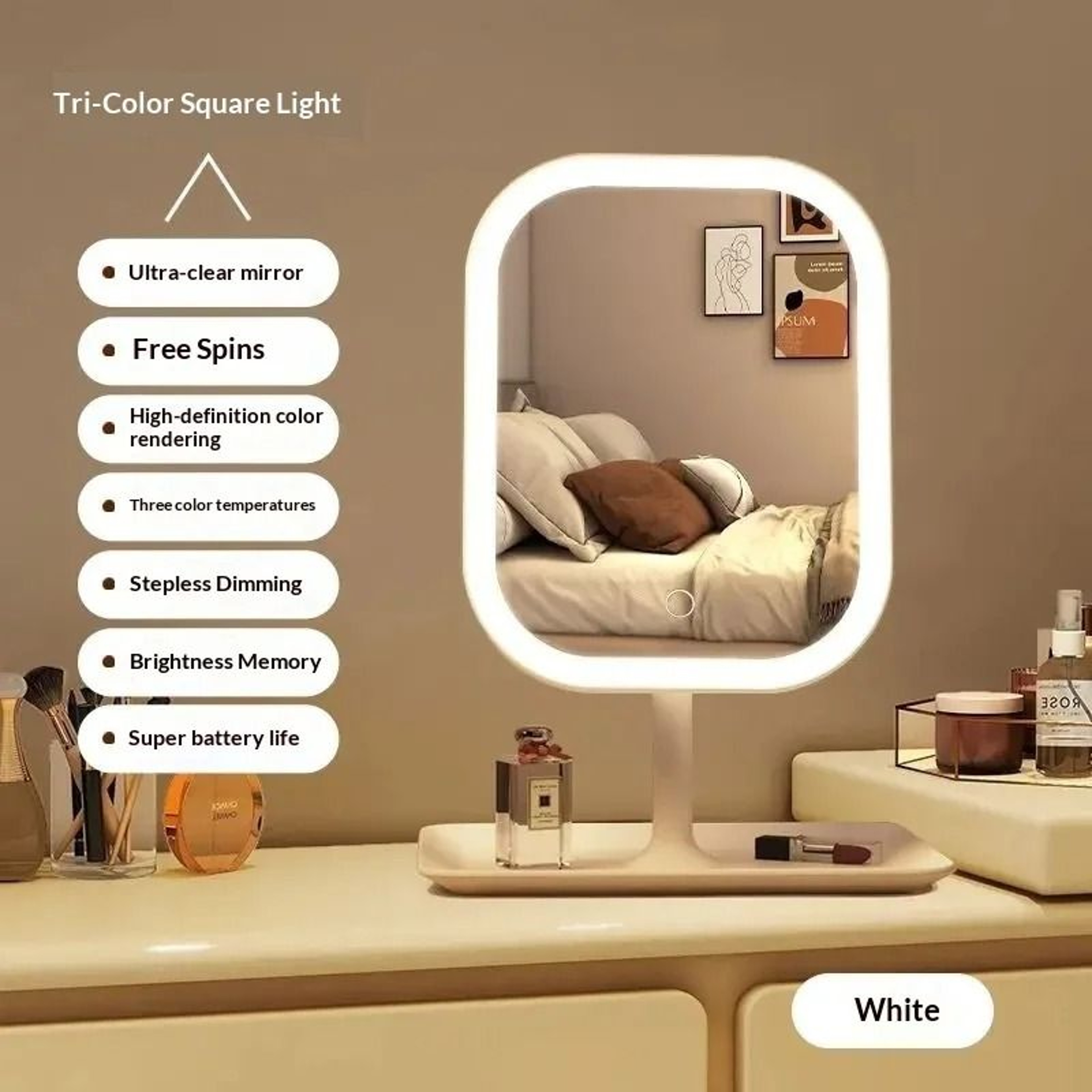 Small LED Touch Screen Vanity Mirror With 3 Adjustable Color Lights 7