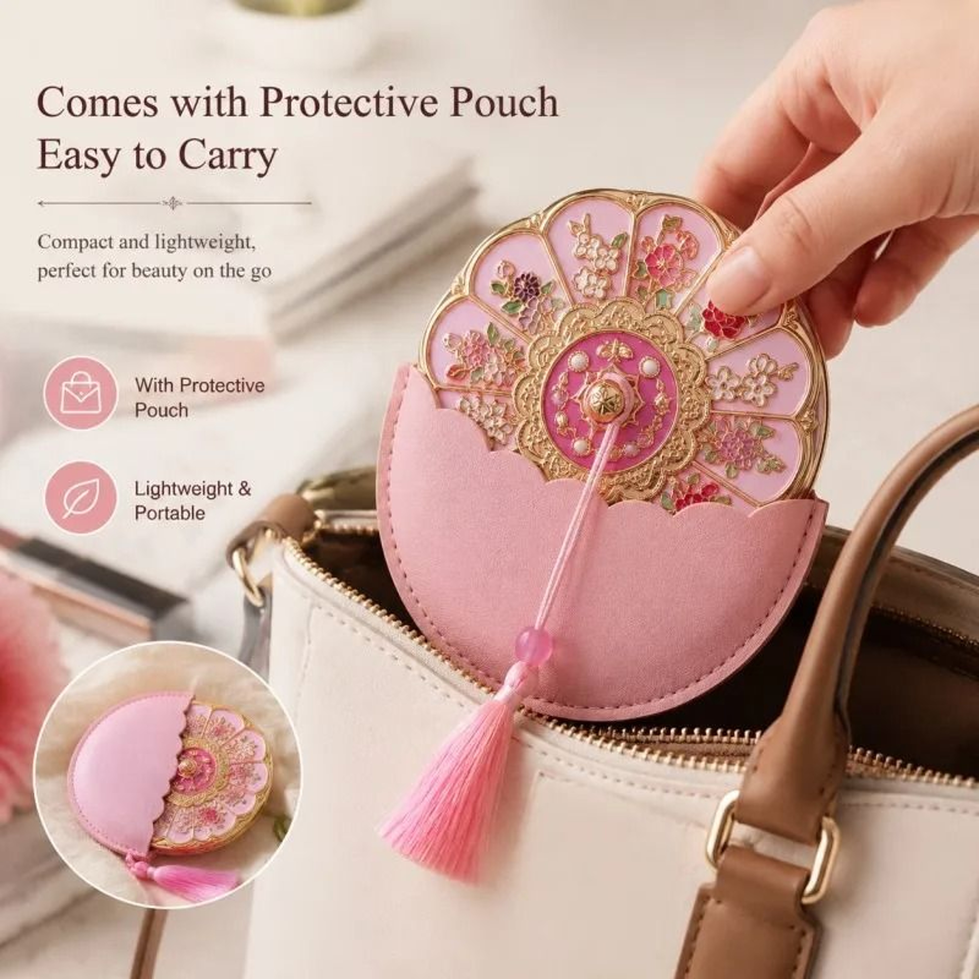 AncientStyle Chinese Floral Folding Handheld  Portable Makeup Mirror 1