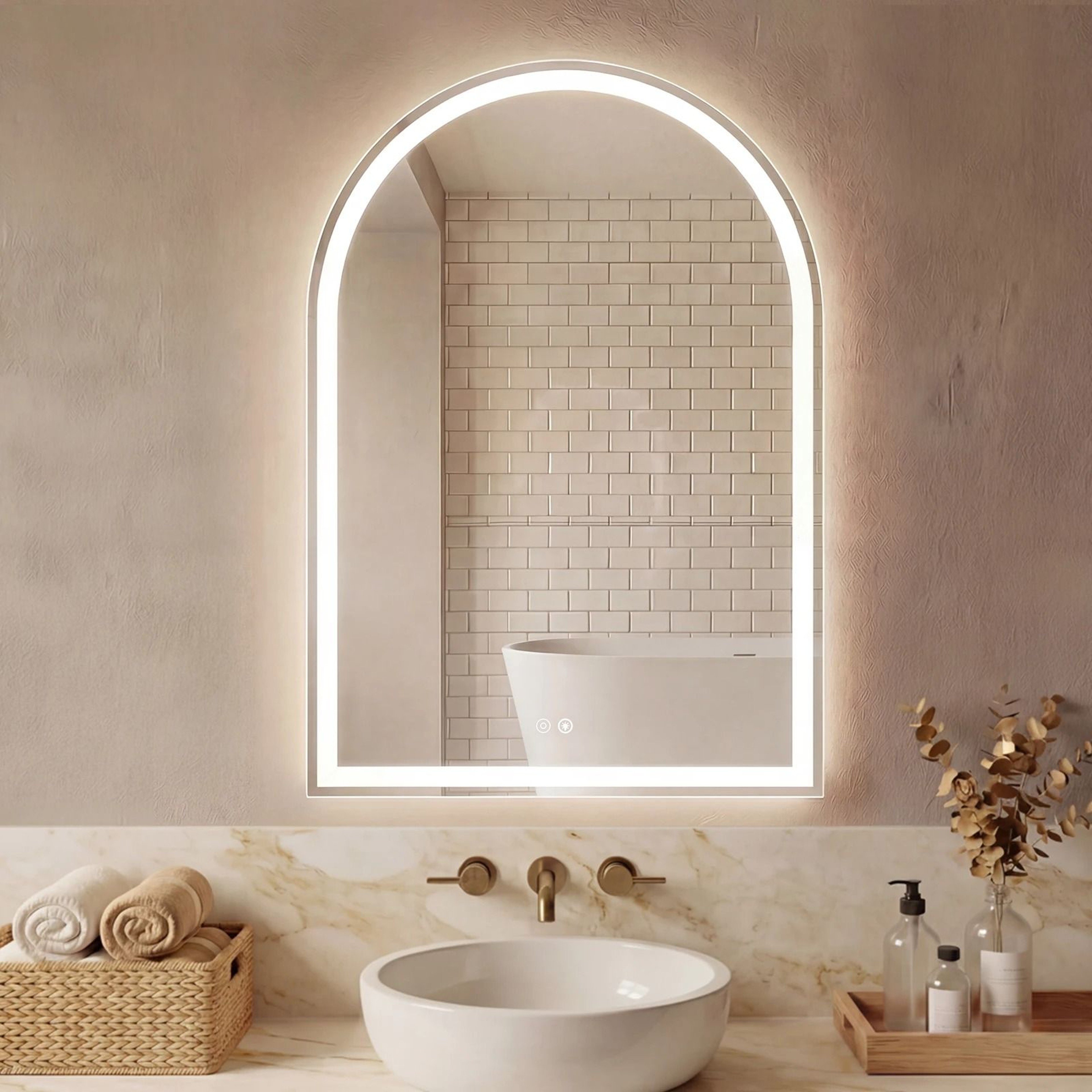 Arched LED Backlit Vanity Wall Mirror With 3Color Touch Memory  Tempered Glass 0