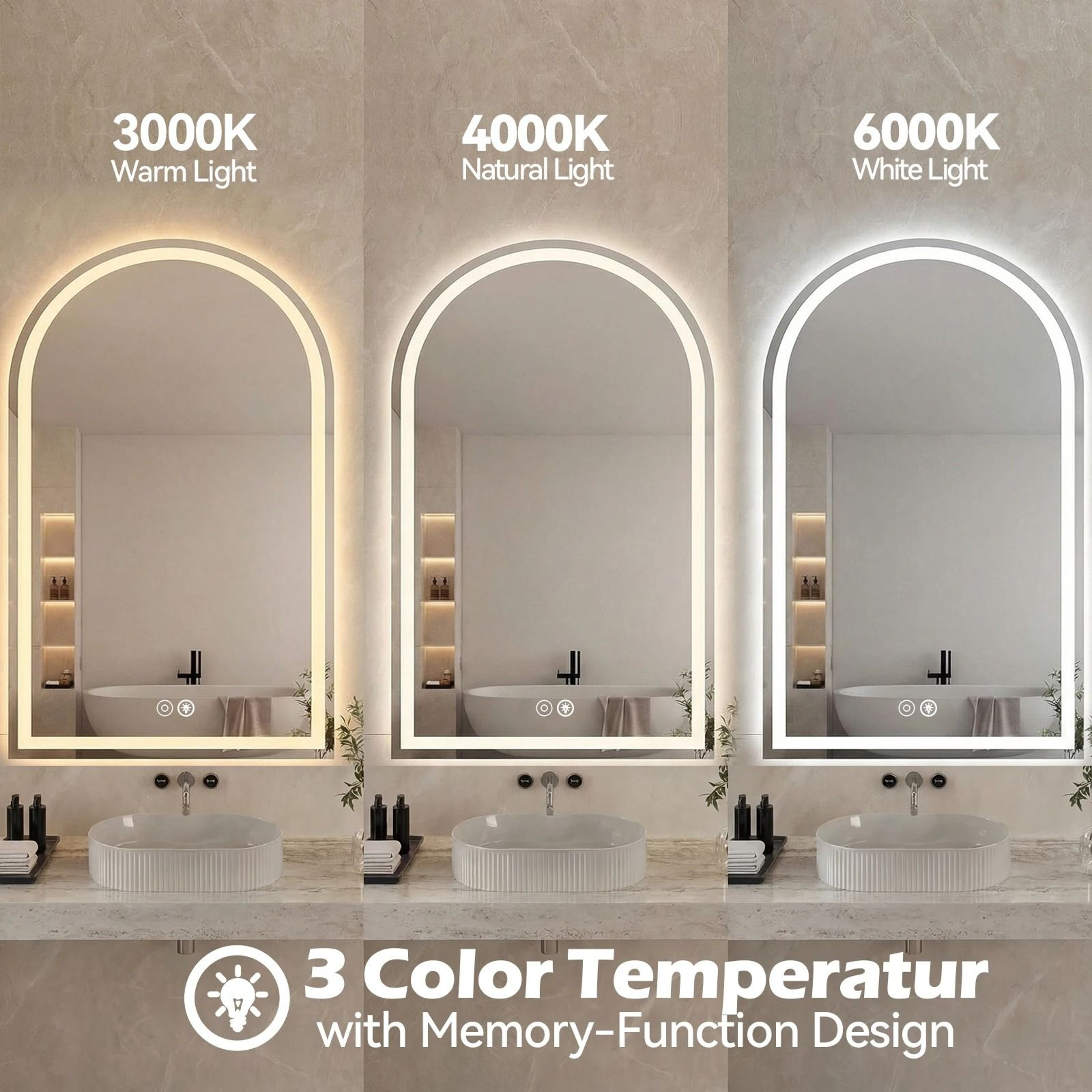 Arched LED Backlit Vanity Wall Mirror With 3Color Touch Memory  Tempered Glass 3
