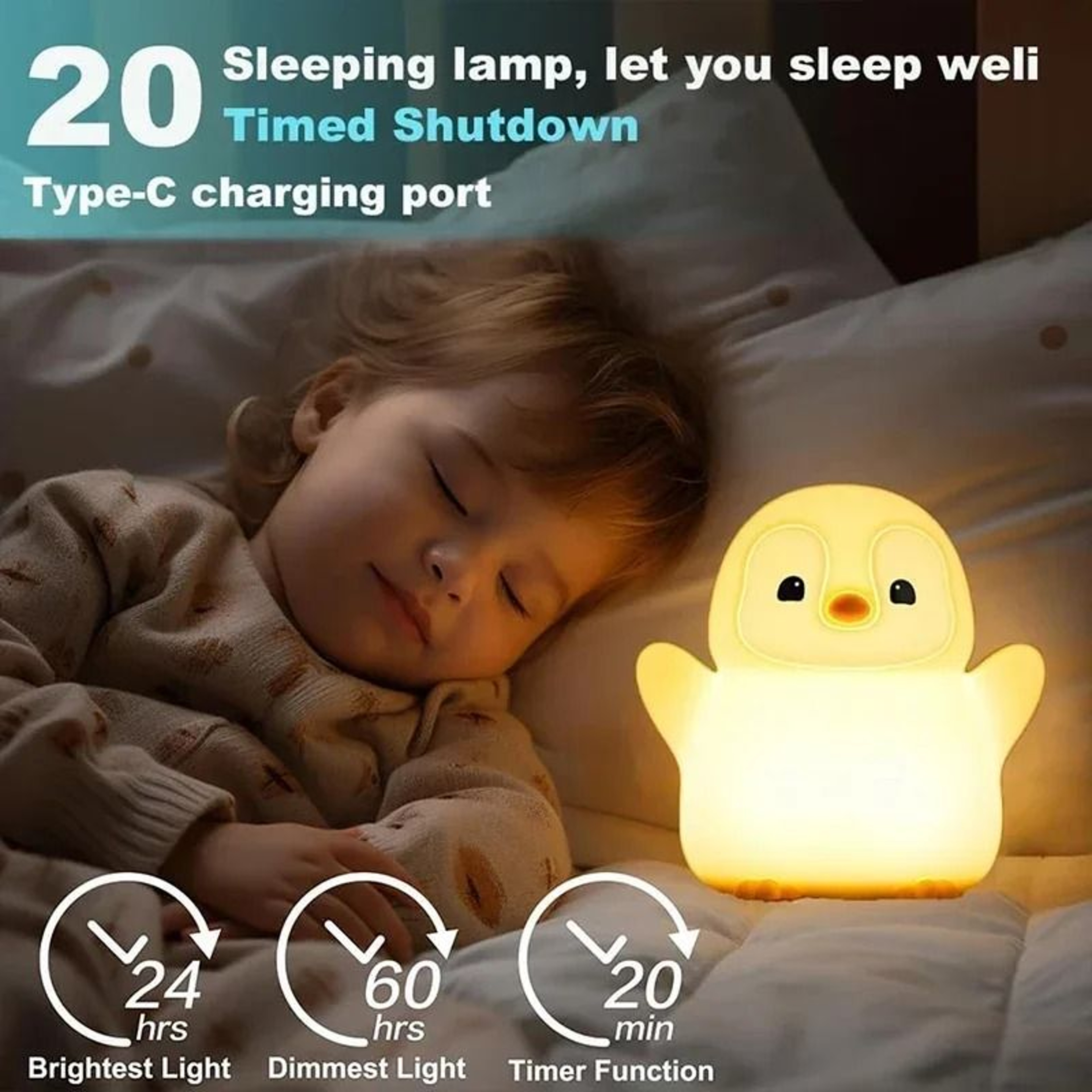 Cute Penguin LED Nursery Night Light Squishy Dimmable Silicone Touch Lamp 4