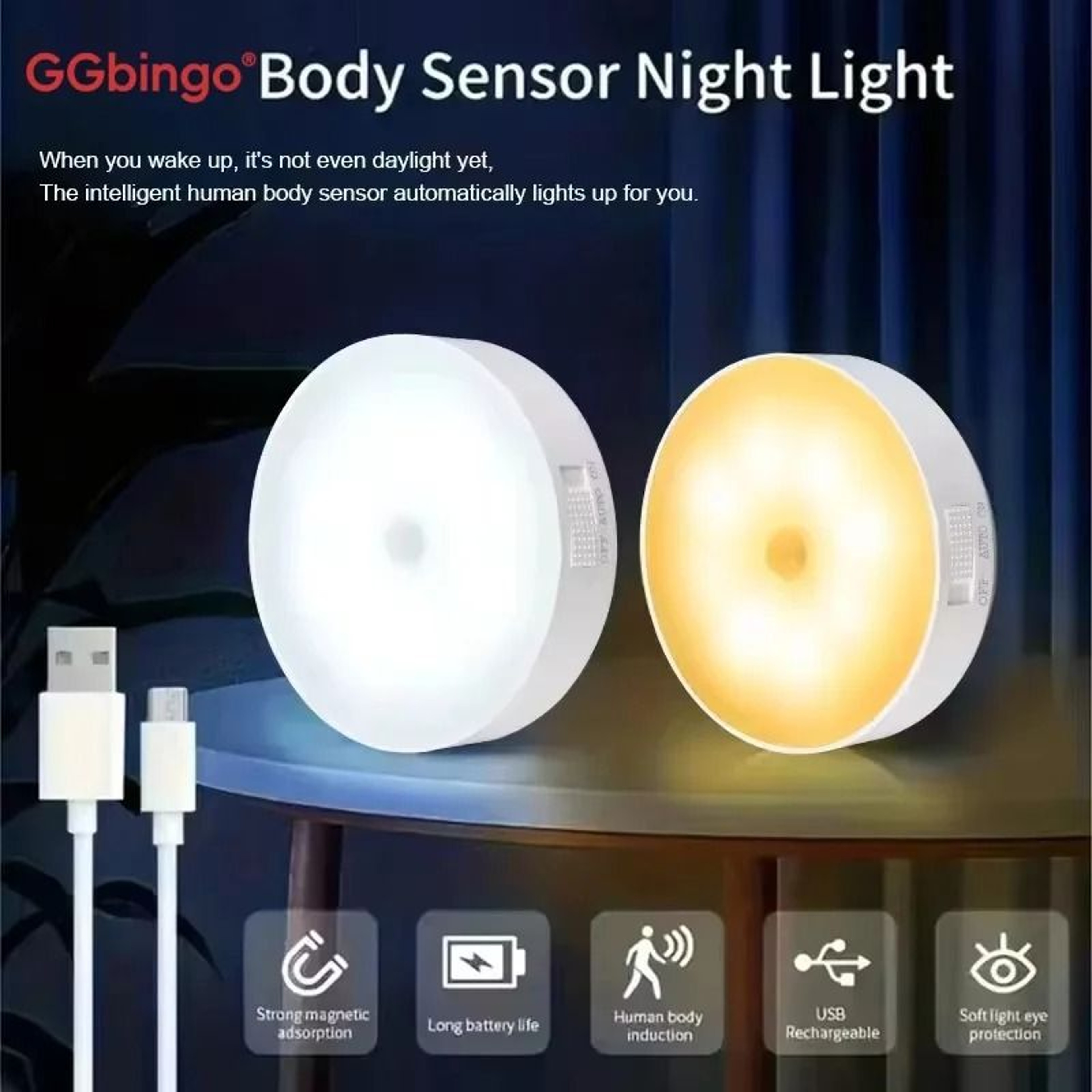 GGbingo TypeC Rechargeable Wireless Motion Sensor LED Cabinet  Closet Light 0