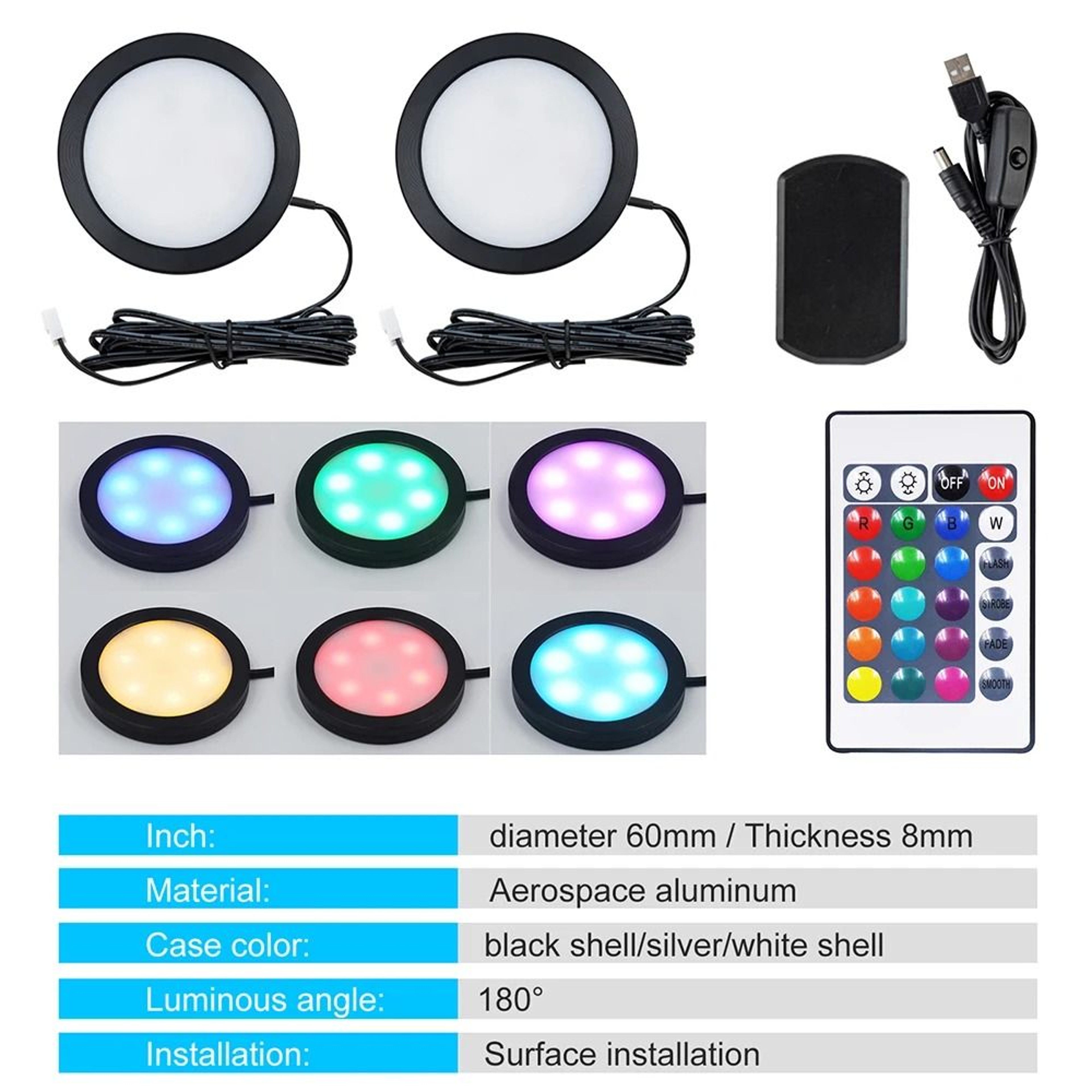 MultiPack 5V RGB LED Puck Cabinet Lights With 24Key Remote  USB Kit 7