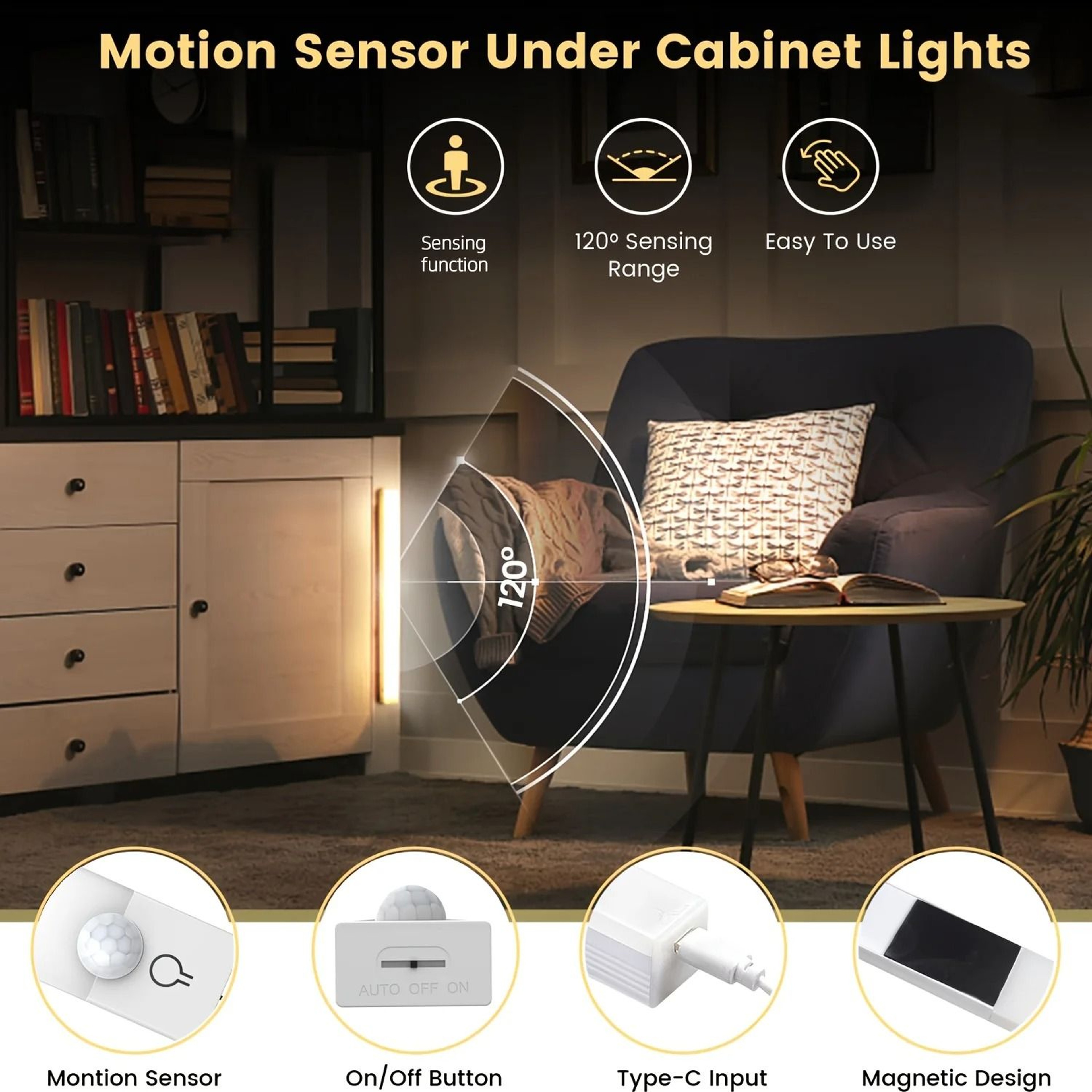3Pack Dimmable Motion Sensor LED Cabinet Lights 3 Color Modes USB Rechargeable 5
