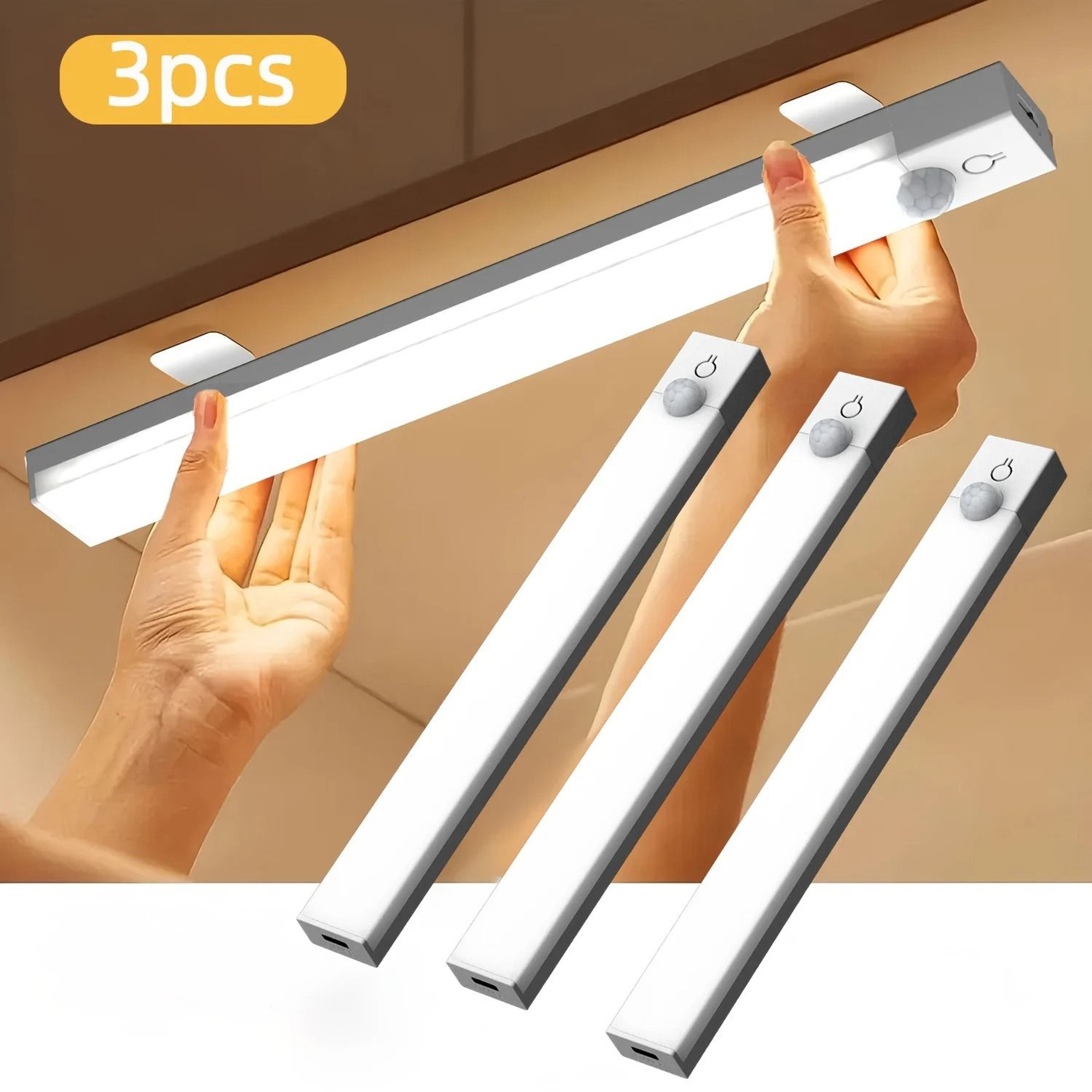 3Pack Dimmable Motion Sensor LED Cabinet Lights 3 Color Modes USB Rechargeable 0