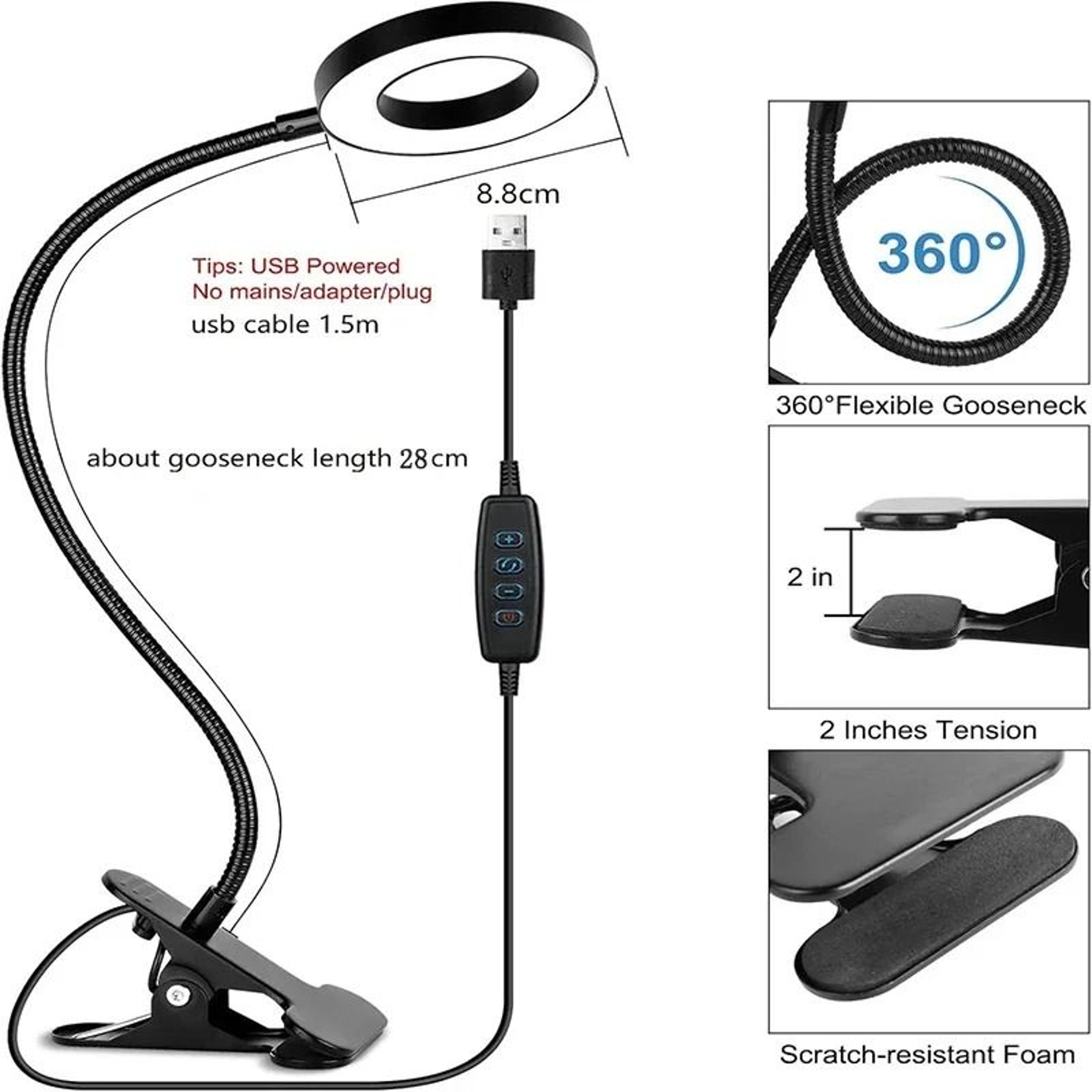 USB Clamp Reading Desk Light 3 Color Modes  10 Dimming Levels With 360 Flexible Gooseneck 3