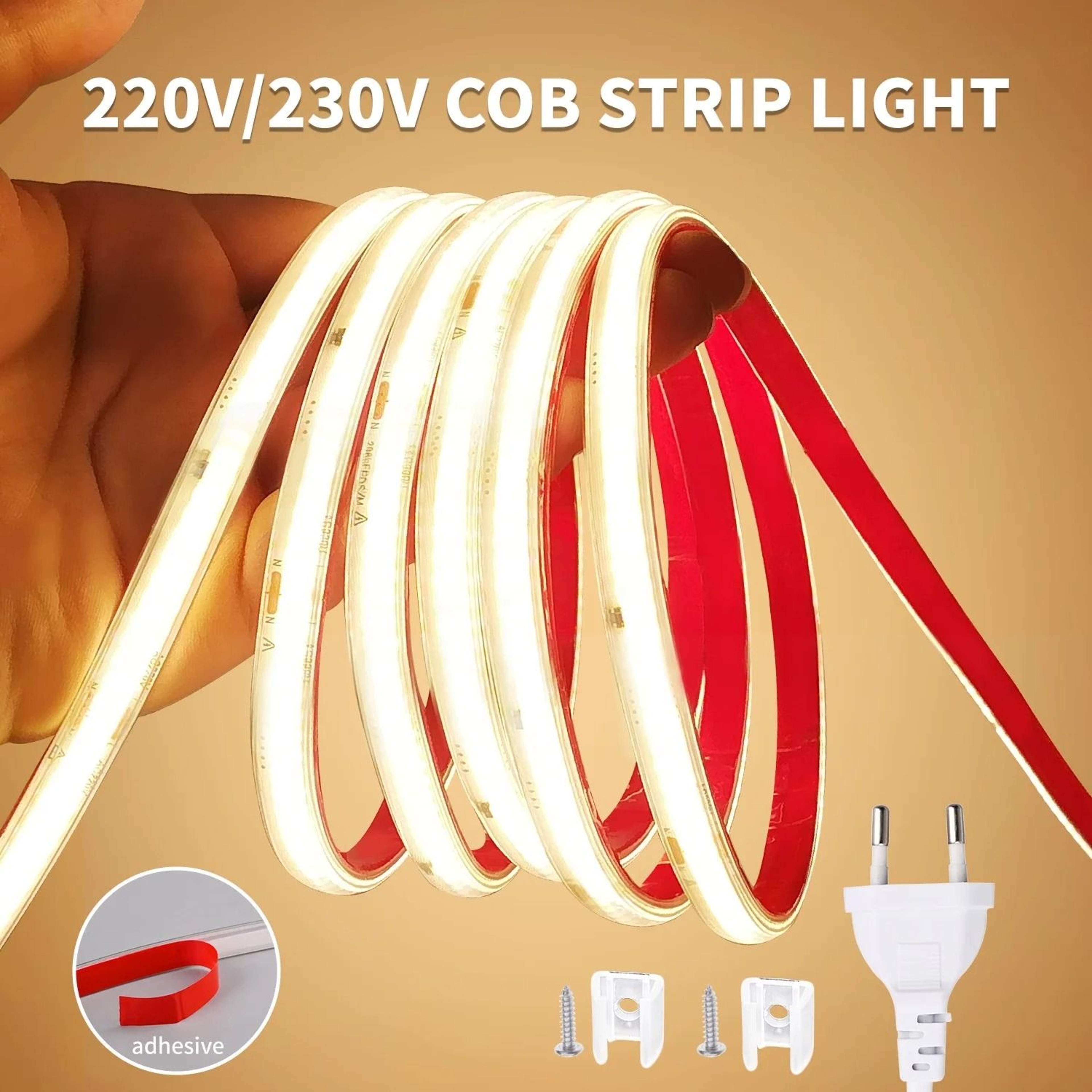 220V HighBrightness Flexible COB LED Strip Light 296 LEDsm Waterproof Tape Ribbon 0