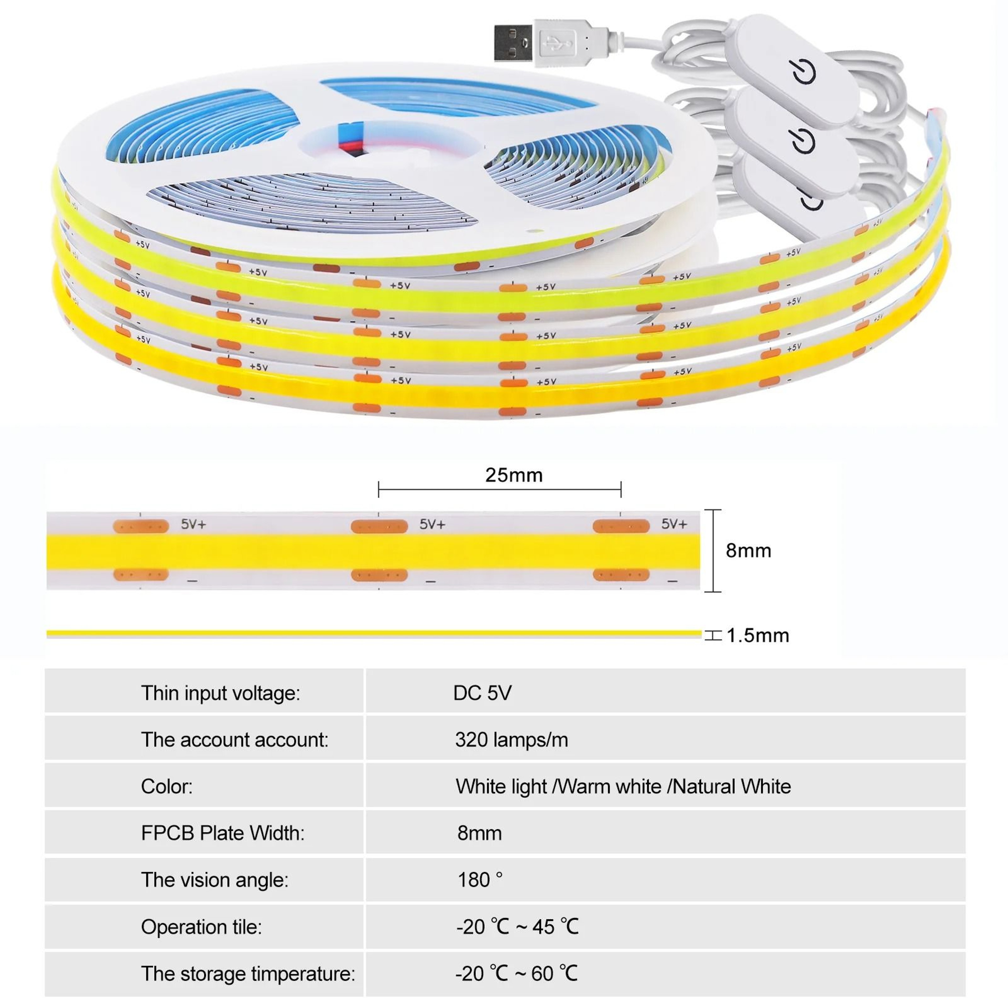 5V USB Touch Dimmer COB LED Strip Light Flexible Linear Tape Ribbon 2