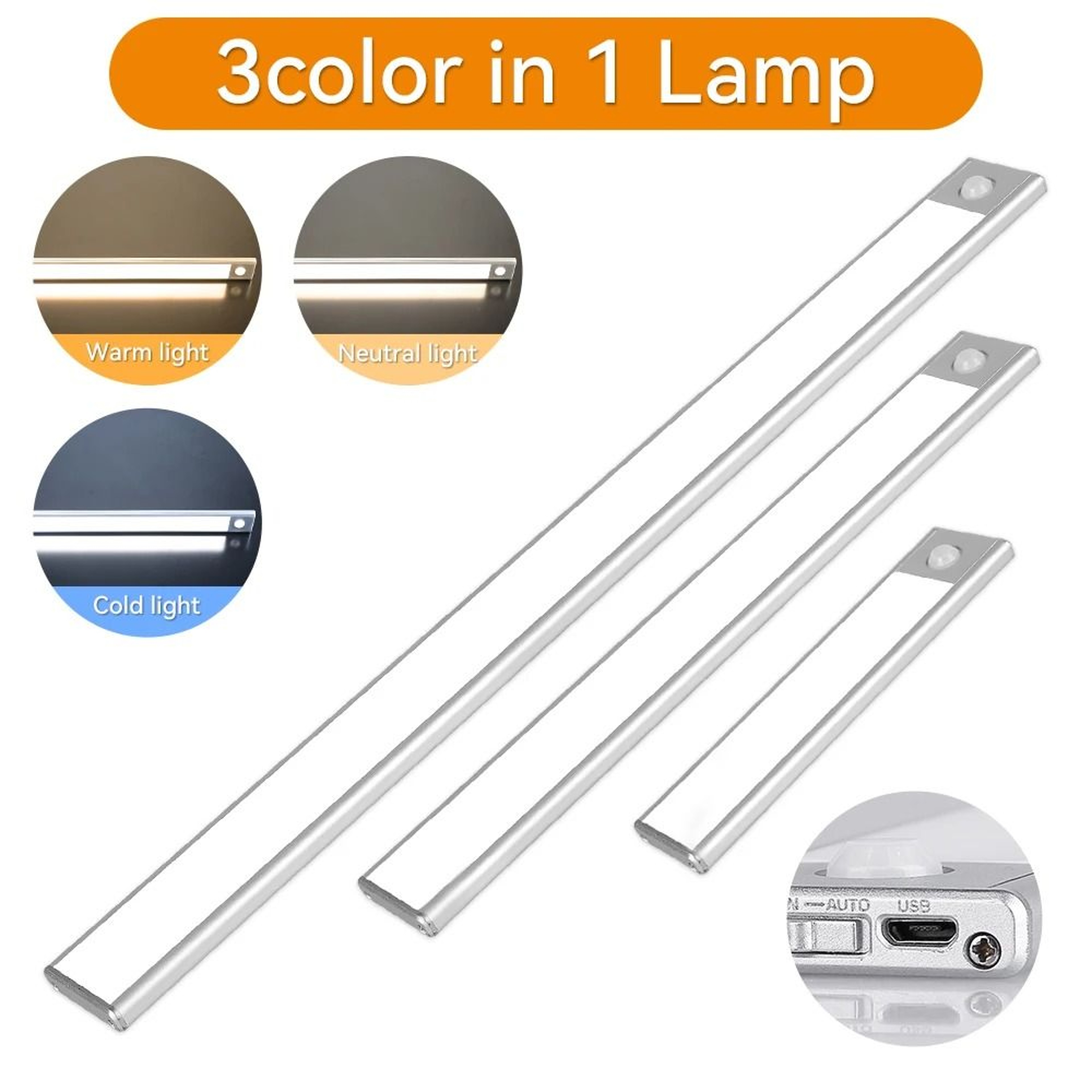 Wireless Motion Sensor Under Cabinet LED Light 3 Colors Dimmable  USB Rechargeable Magnetic Bar 9