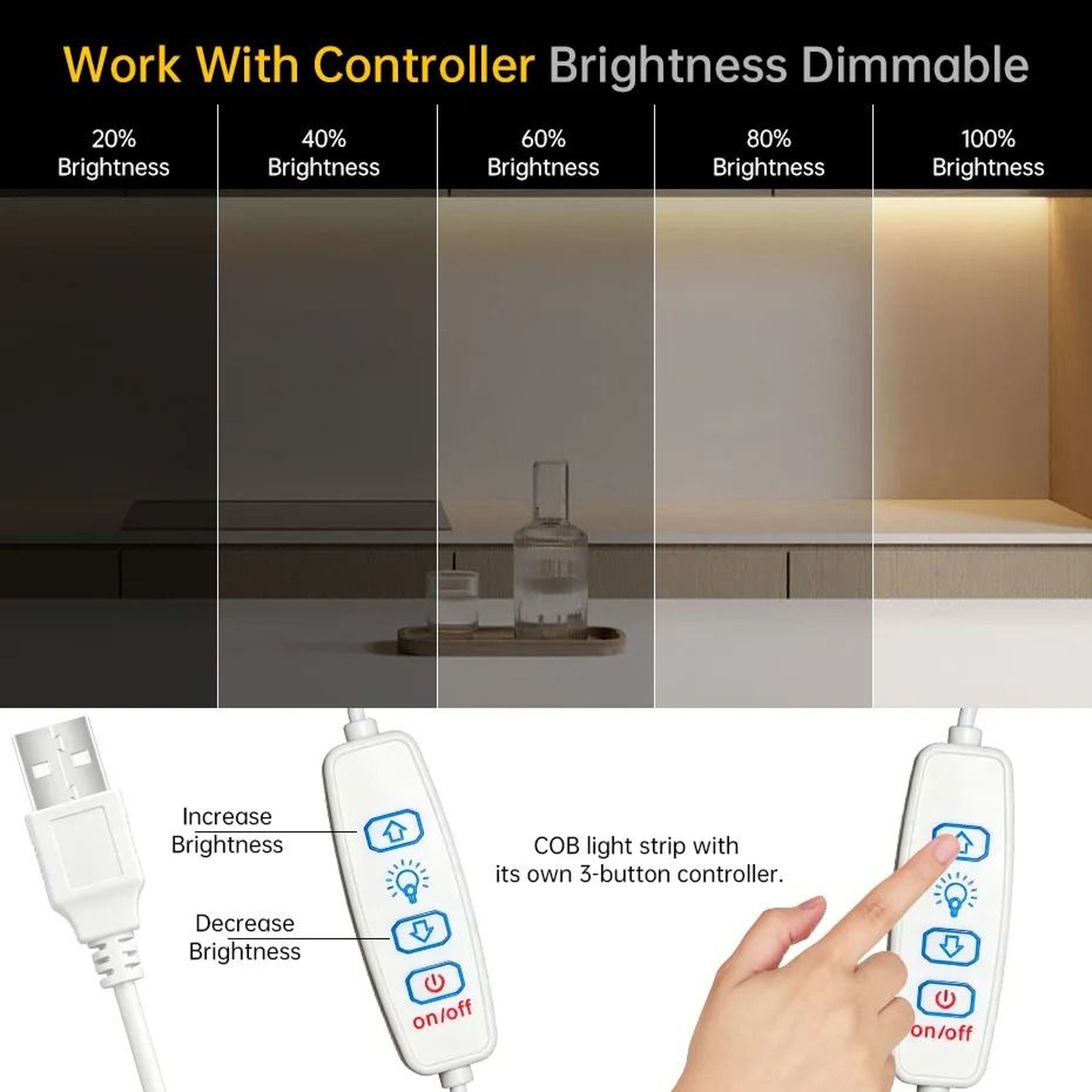 5V USB Dimmable COB LED Strip Light High Density 320LEDsm Tape With 3Key Dimmer For Cabinet  Room 1