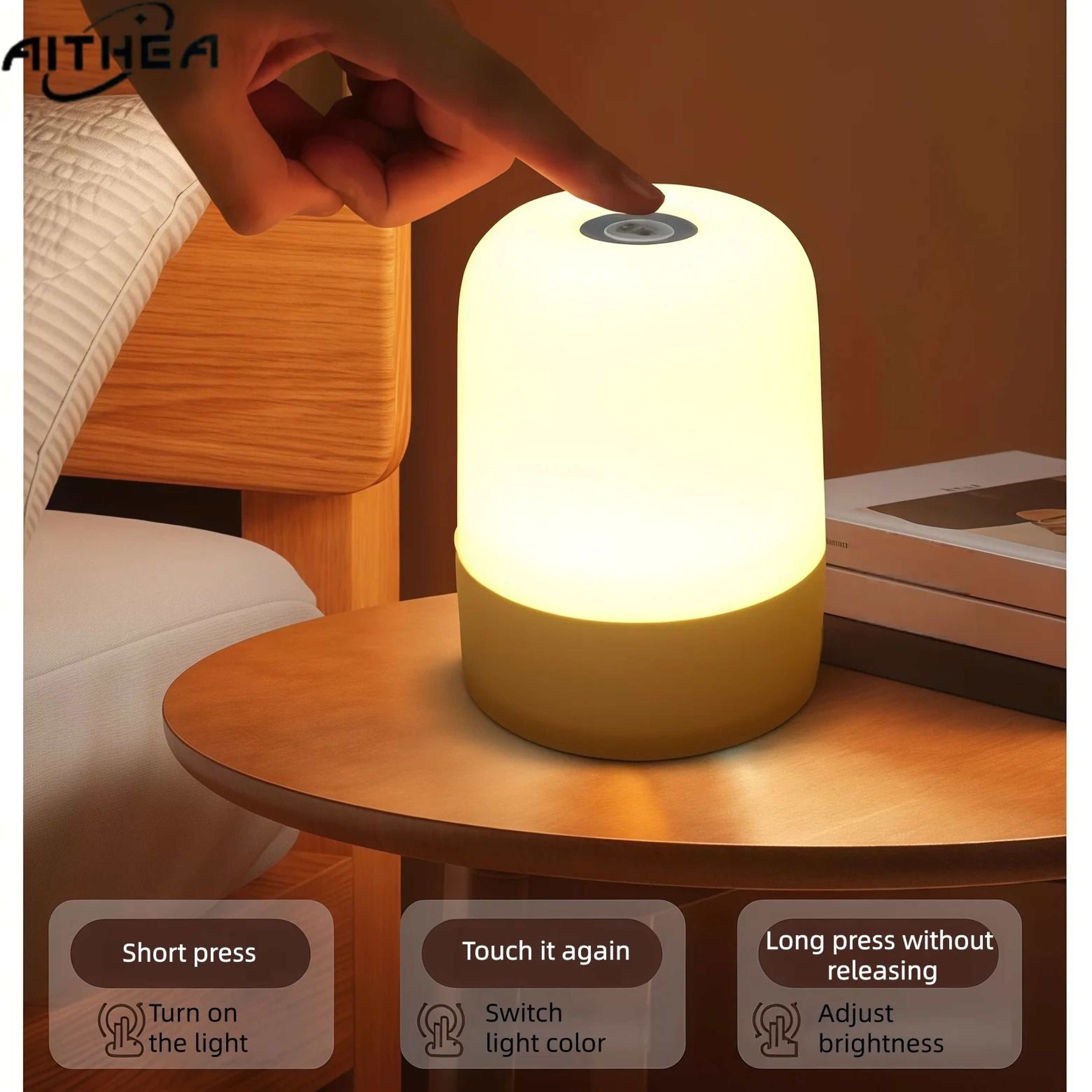 AITHEA 3Color Dimmable Touch Sensor Table Lamp Rechargeable LED Bedside Night Light 4