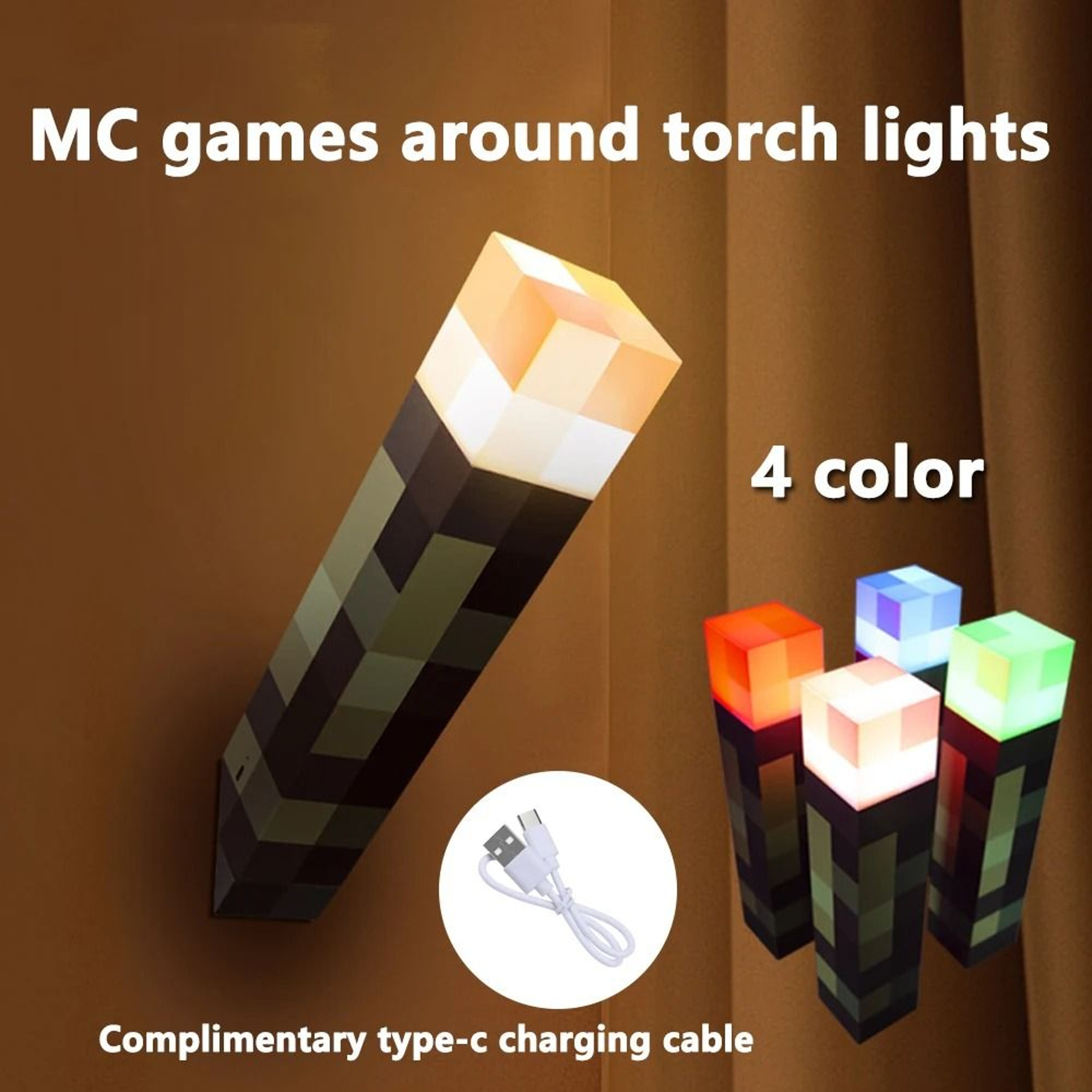 MC Game Brownstone Torch LED Night Light USB Rechargeable Bedroom Table  Wall Lamp 0