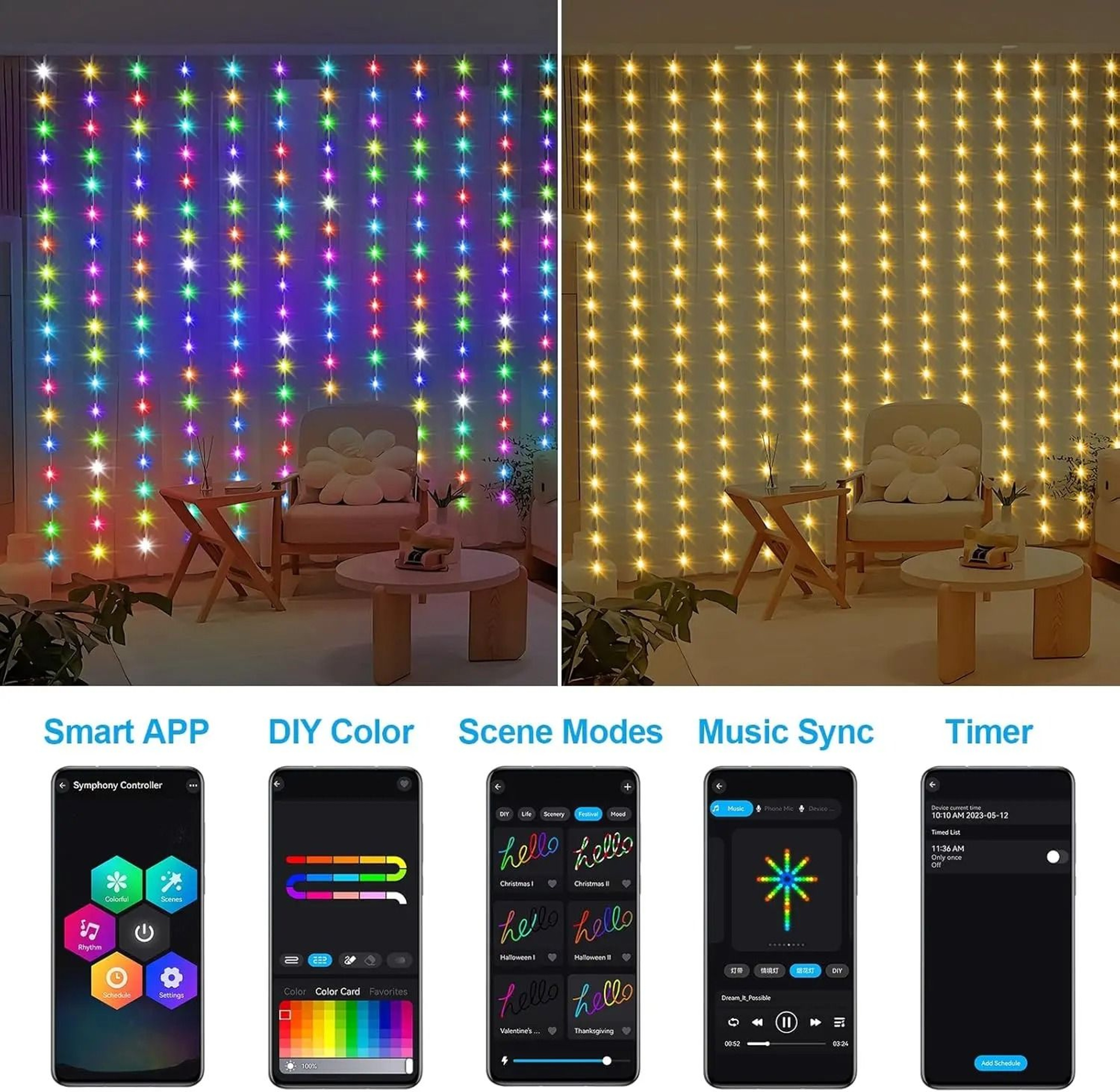 3M Smart RGB LED Curtain Lights App  Remote Control Weatherproof Garland Lamp For Bedroom  Outdoor  1