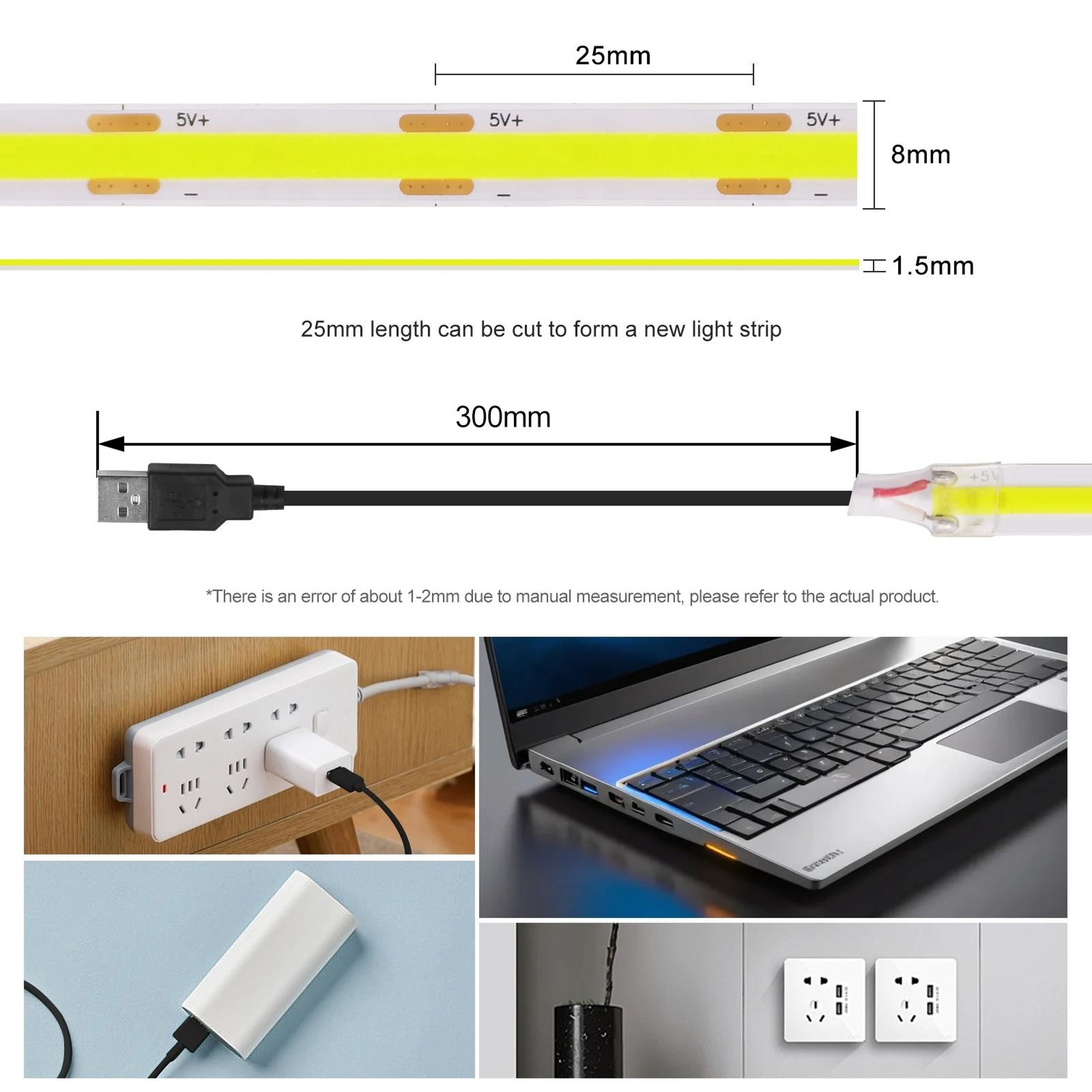DC 5V USB COB LED Strip Light 8mm PCB 320 LEDsm Flexible SpotFree Tape For TV Backlight  Cabinet De 4