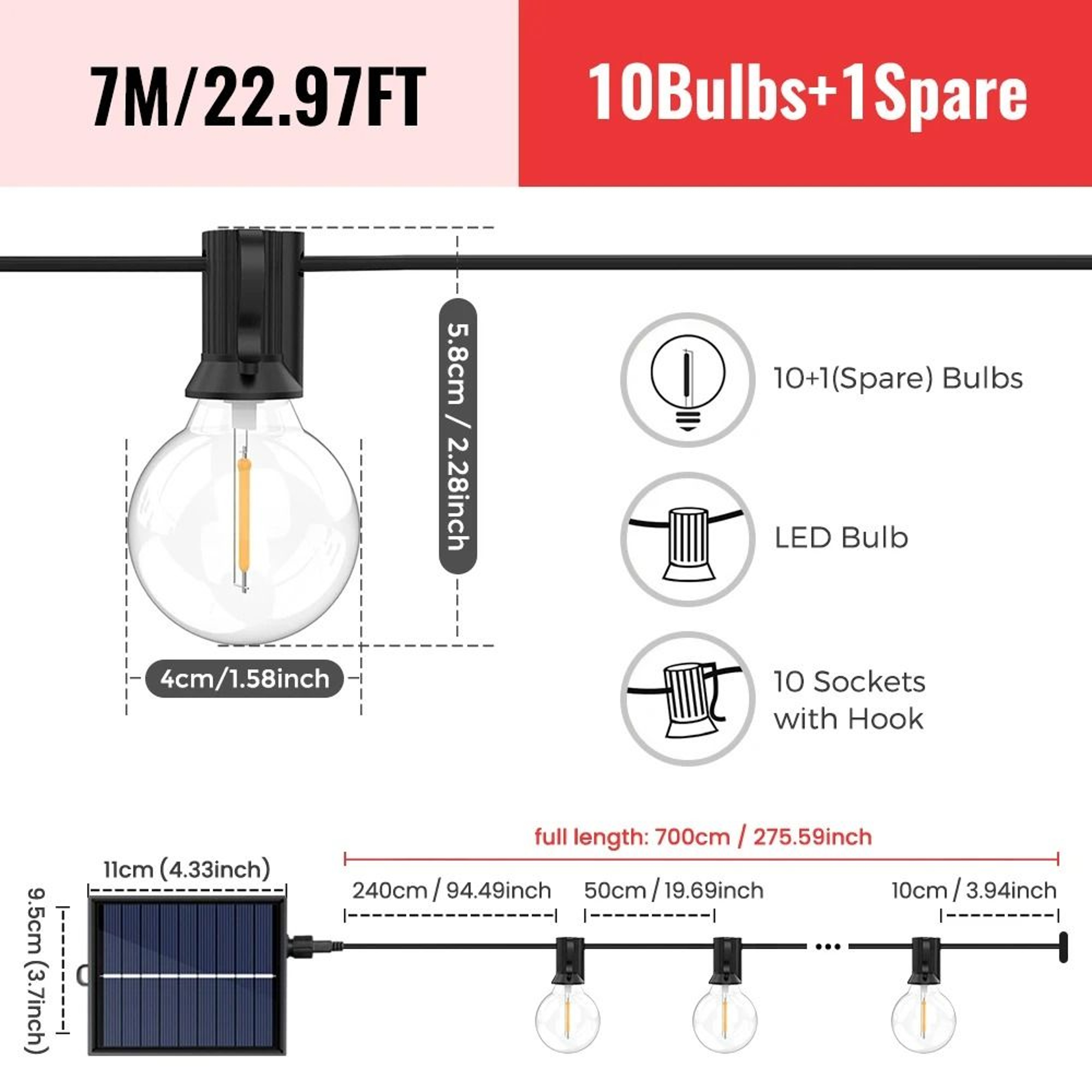Solar Outdoor G40 Globe Patio String Lights Shatterproof LED Weatherproof Hanging Lights For Backya 6