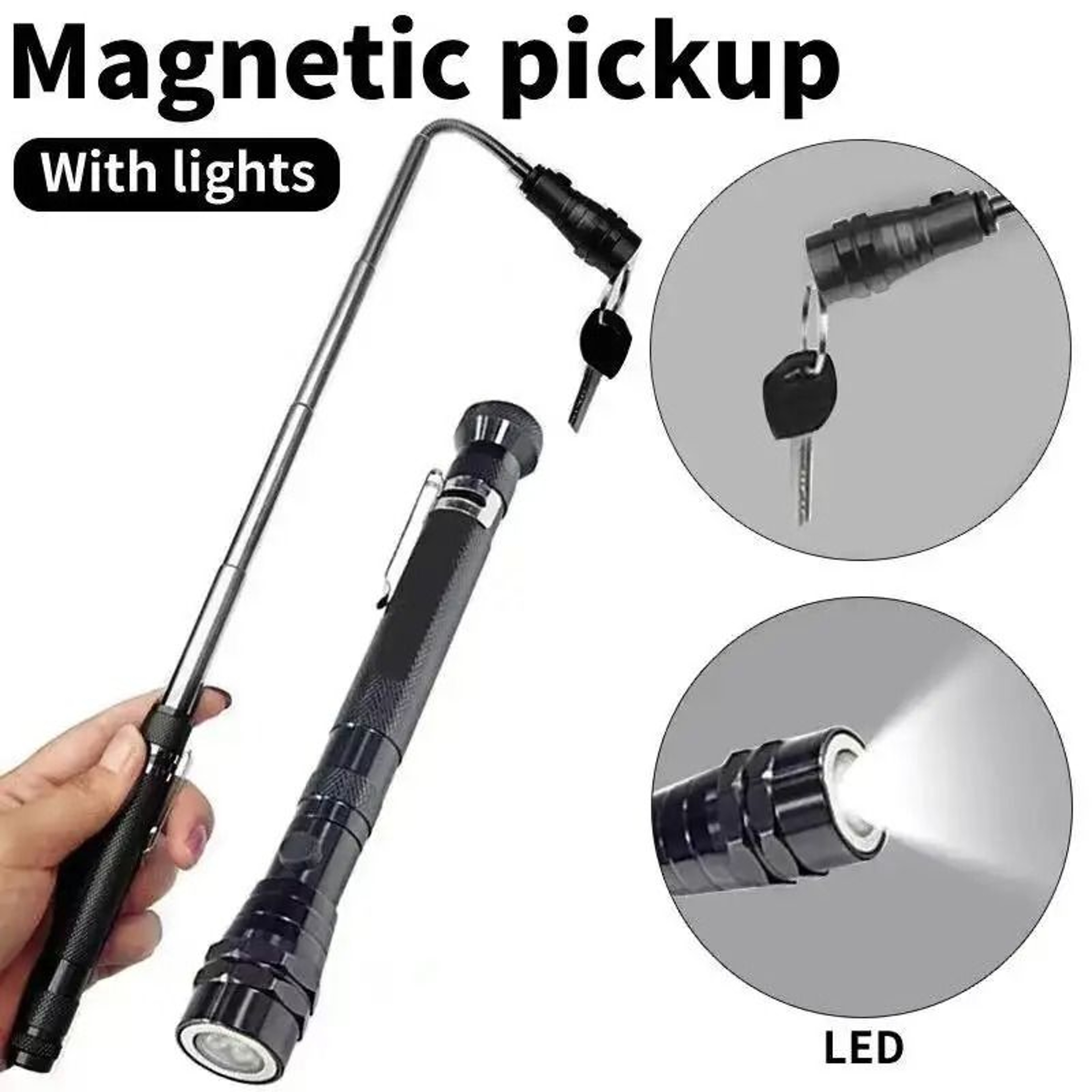 3LED Telescopic Magnetic Pickup Tool  Flexible Antenna Flashlight 0