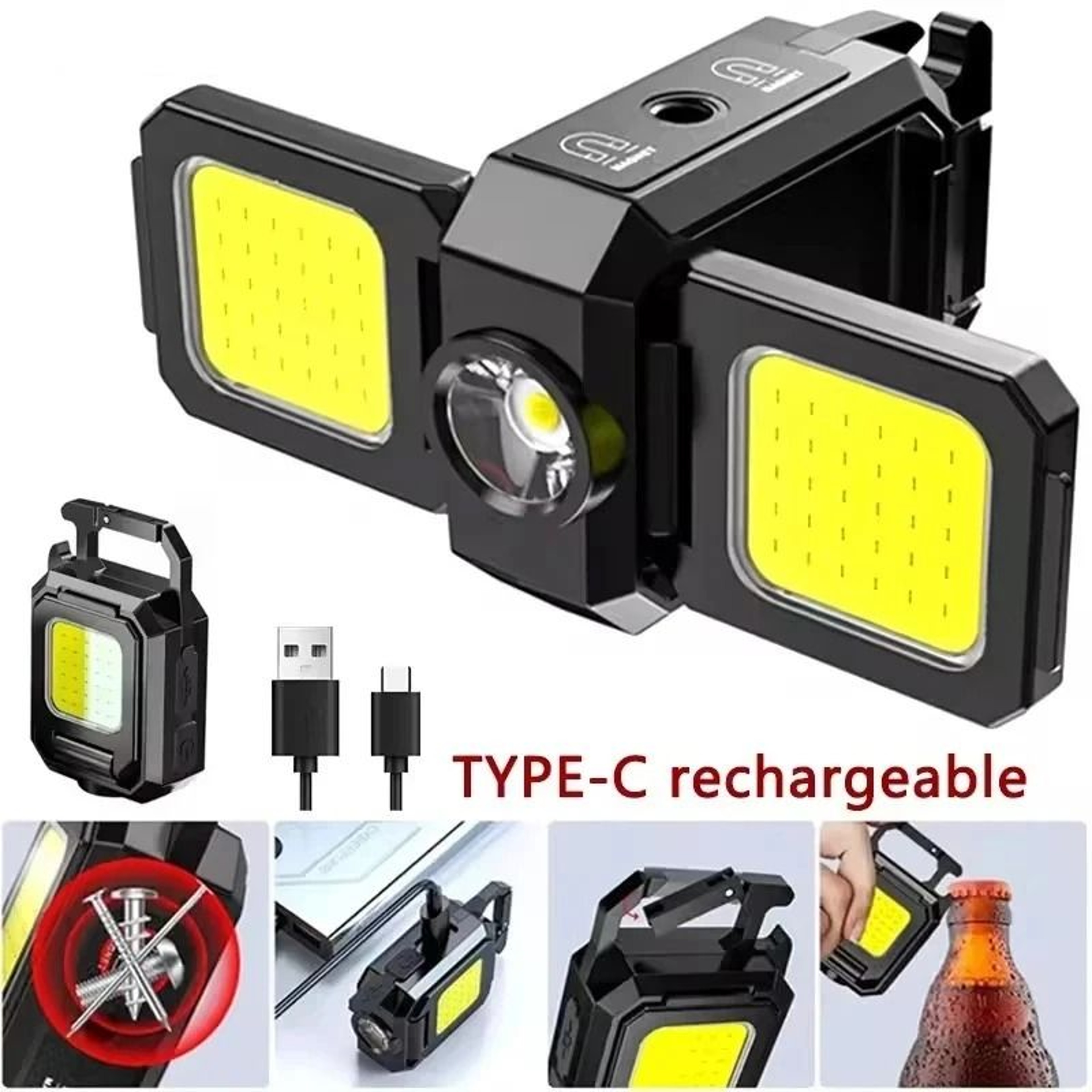Mini COB Keychain Flashlight  USB Rechargeable Work Light With 90 Foldable Side Lights 0