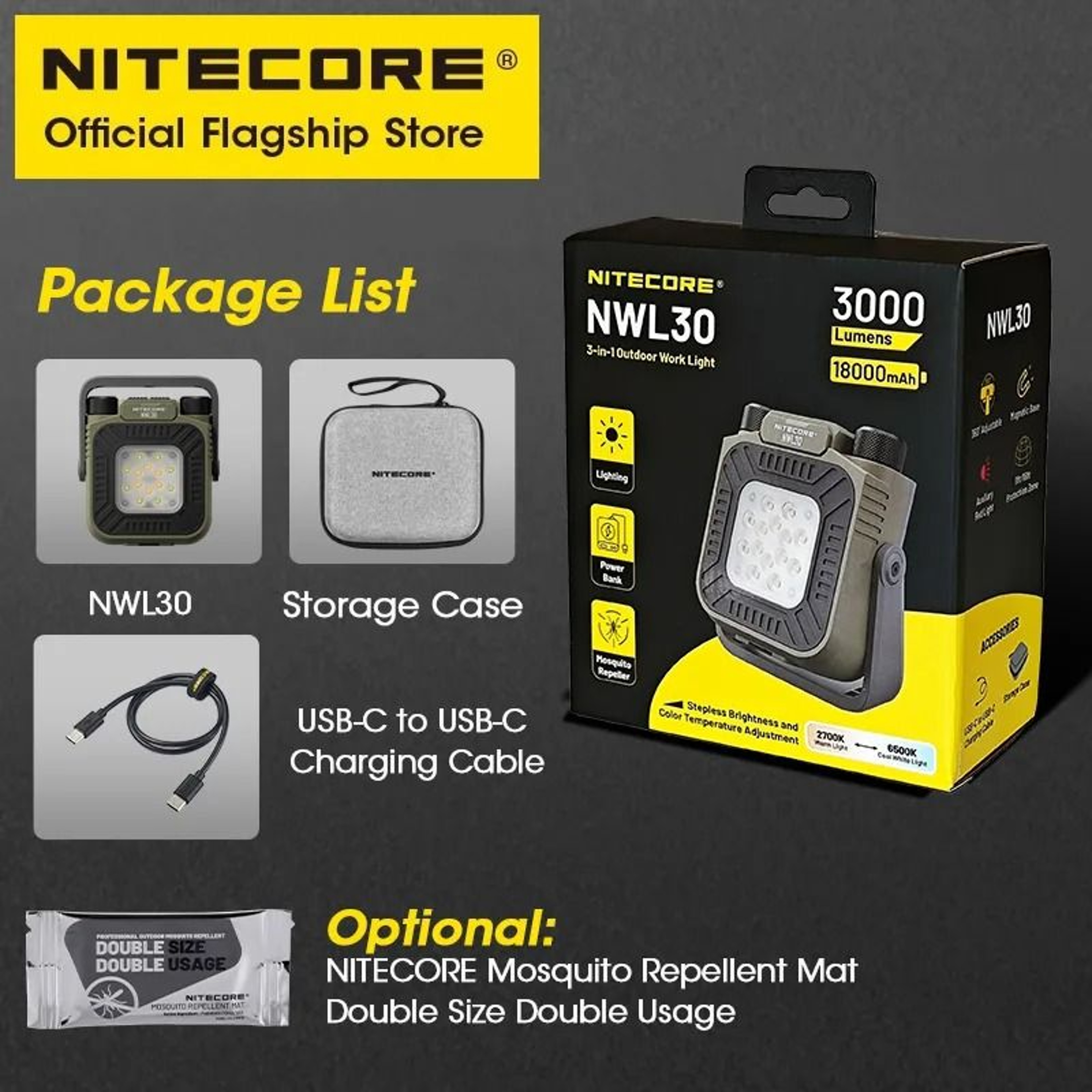 NITECORE NWL30 3in1 Outdoor Work Light Mosquito Repeller  18000mAh Power Station 5