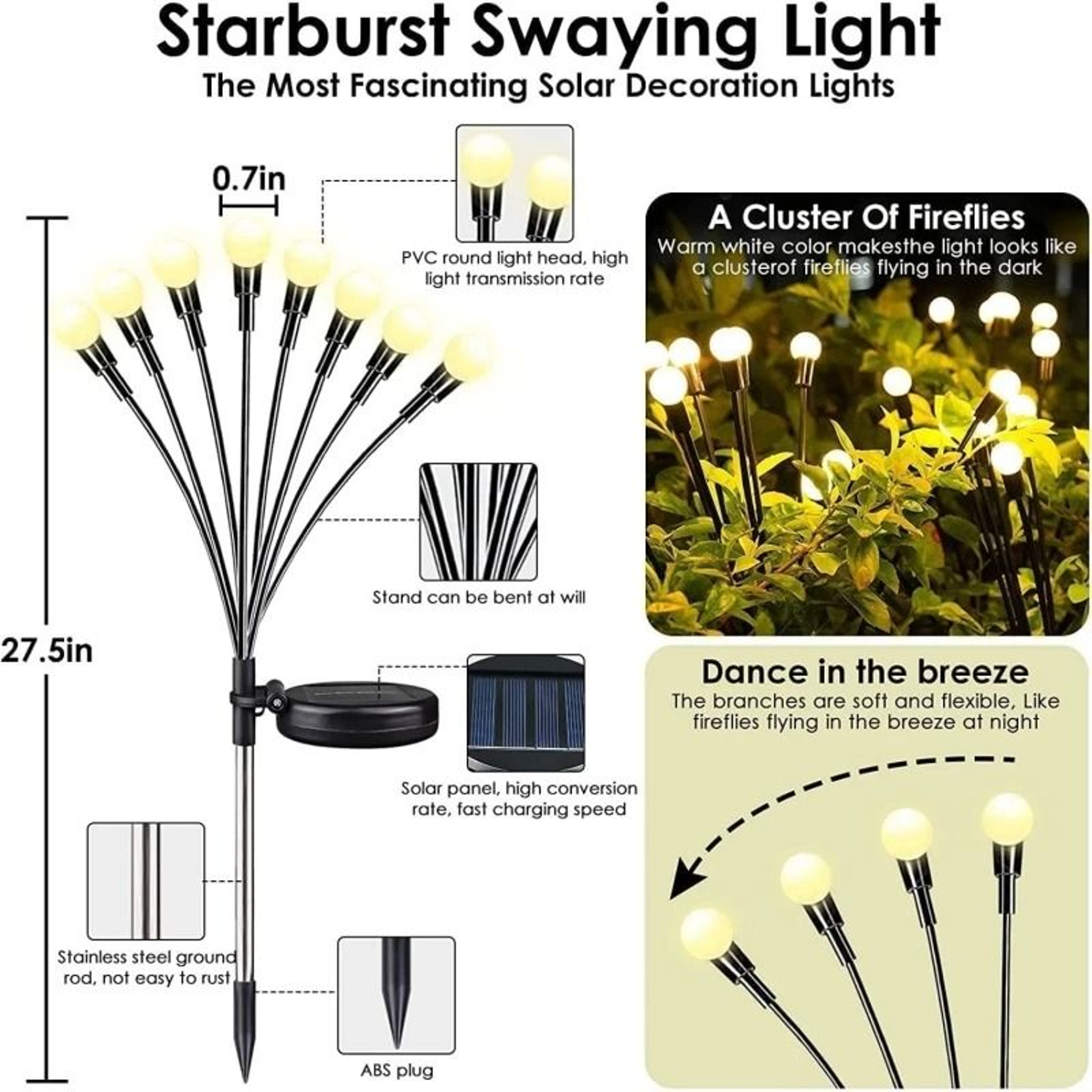 Upgraded Solar Powered LED Firefly Garden Lights Waterproof WindDriven Swaying Lawn Stakes 4