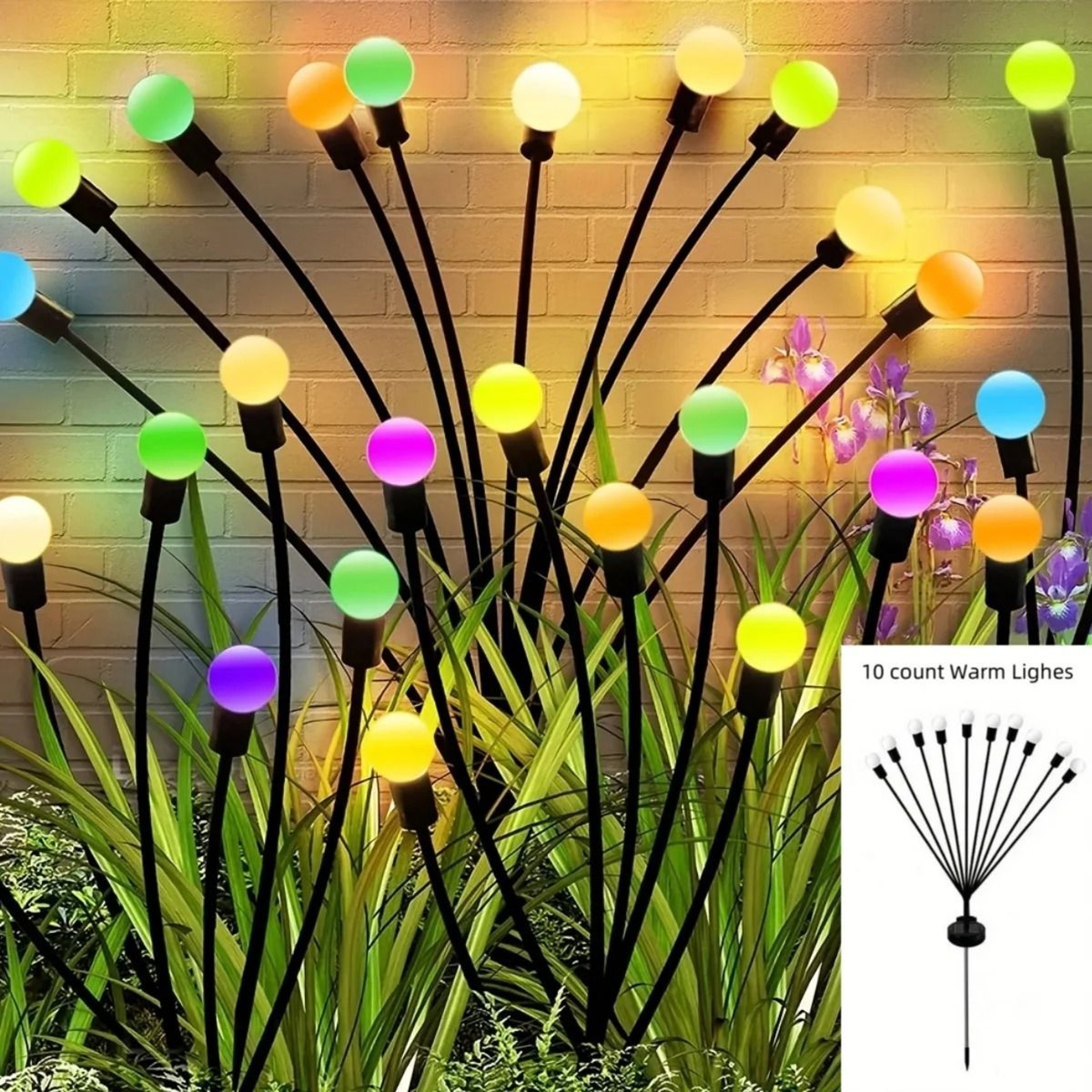 12 Pack Solar Firefly Lawn Lights 6810 LED Warm White  RGB Color Changing Garden Stakes 15
