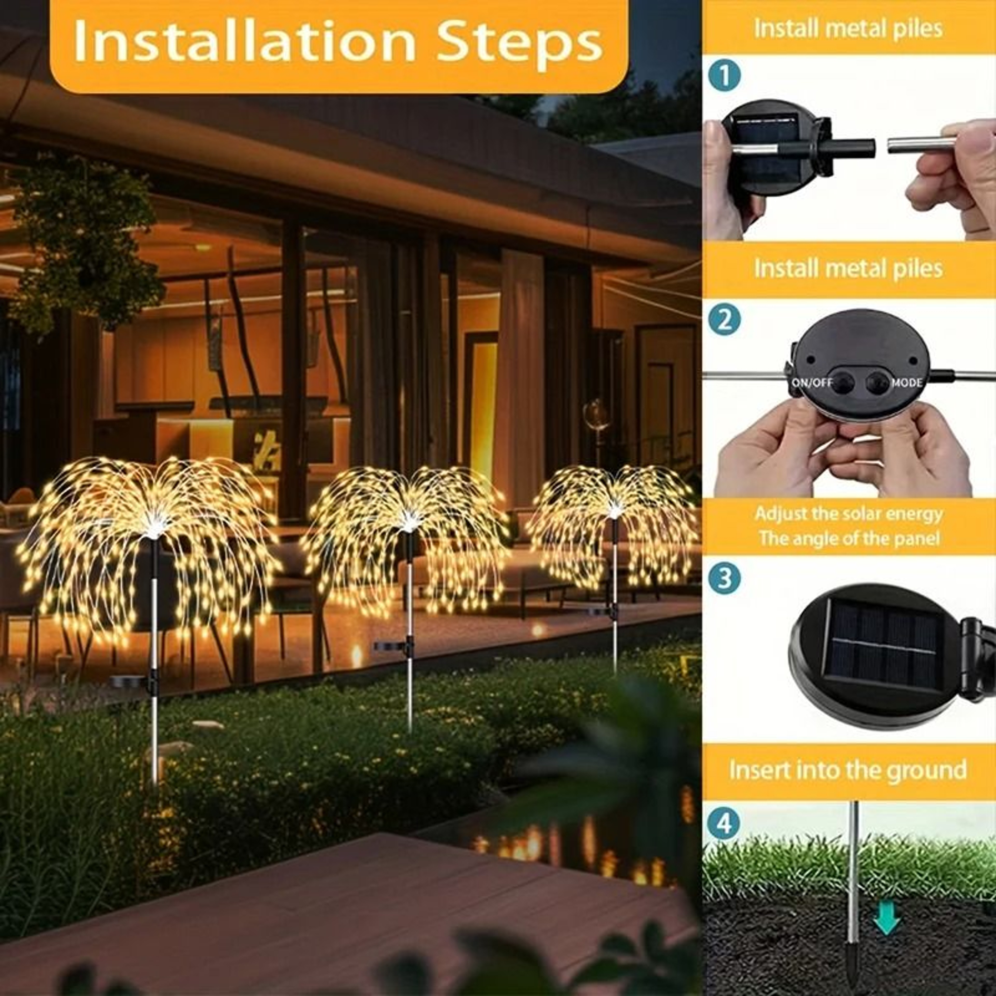 200 LED Solar Powered Pathway Lights Outdoor Firework Decor Street Lawn Stakes 5