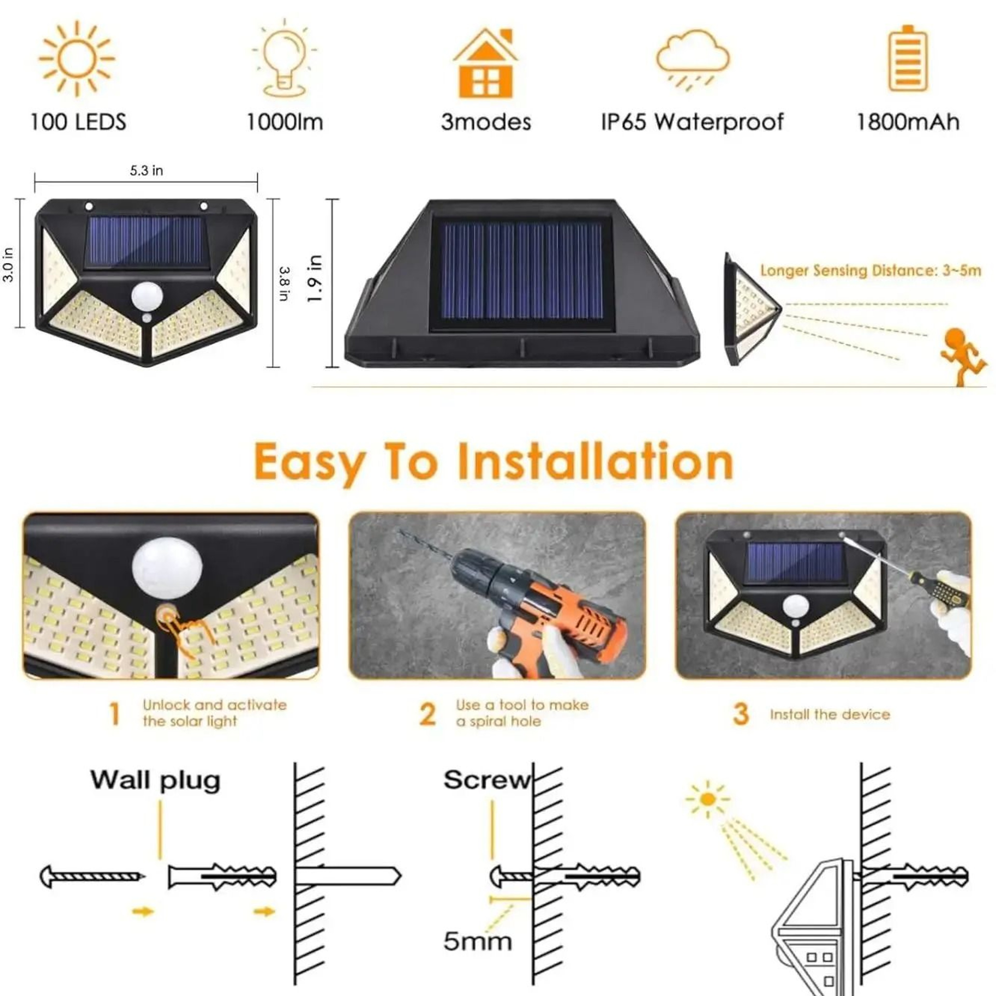 Outdoor Solar Wall Lamp 100 LED PIR Motion Sensor Security Light Waterproof Street Lamp For Garden  4